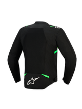 Giacca Alpinestars T-SPS Air V2, vista posteriore, nero e verde fluo, con un ampio pannello in rete tecnica per il massimo flusso d'aria, dettagli verde fluorescente su spalle e vita e logo Alpinestars bianco sulla parte bassa della schiena.