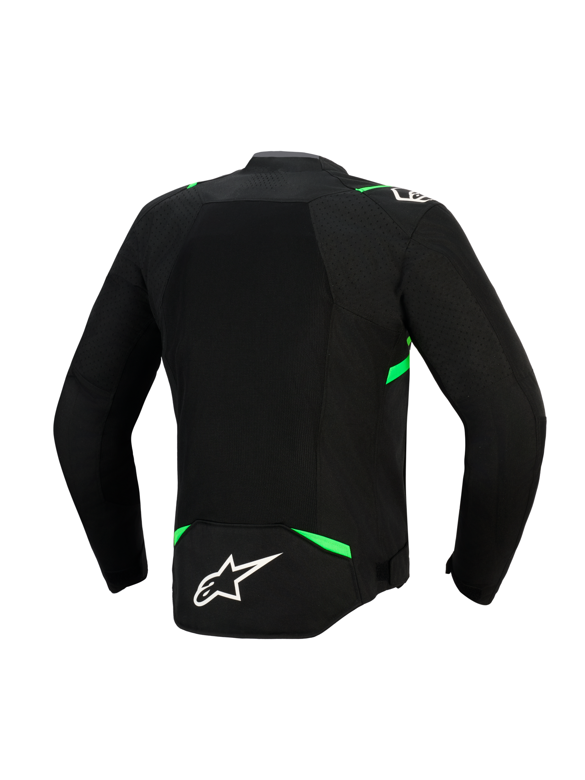 Giacca Alpinestars T-SPS Air V2, vista posteriore, nero e verde fluo, con un ampio pannello in rete tecnica per il massimo flusso d'aria, dettagli verde fluorescente su spalle e vita e logo Alpinestars bianco sulla parte bassa della schiena.
