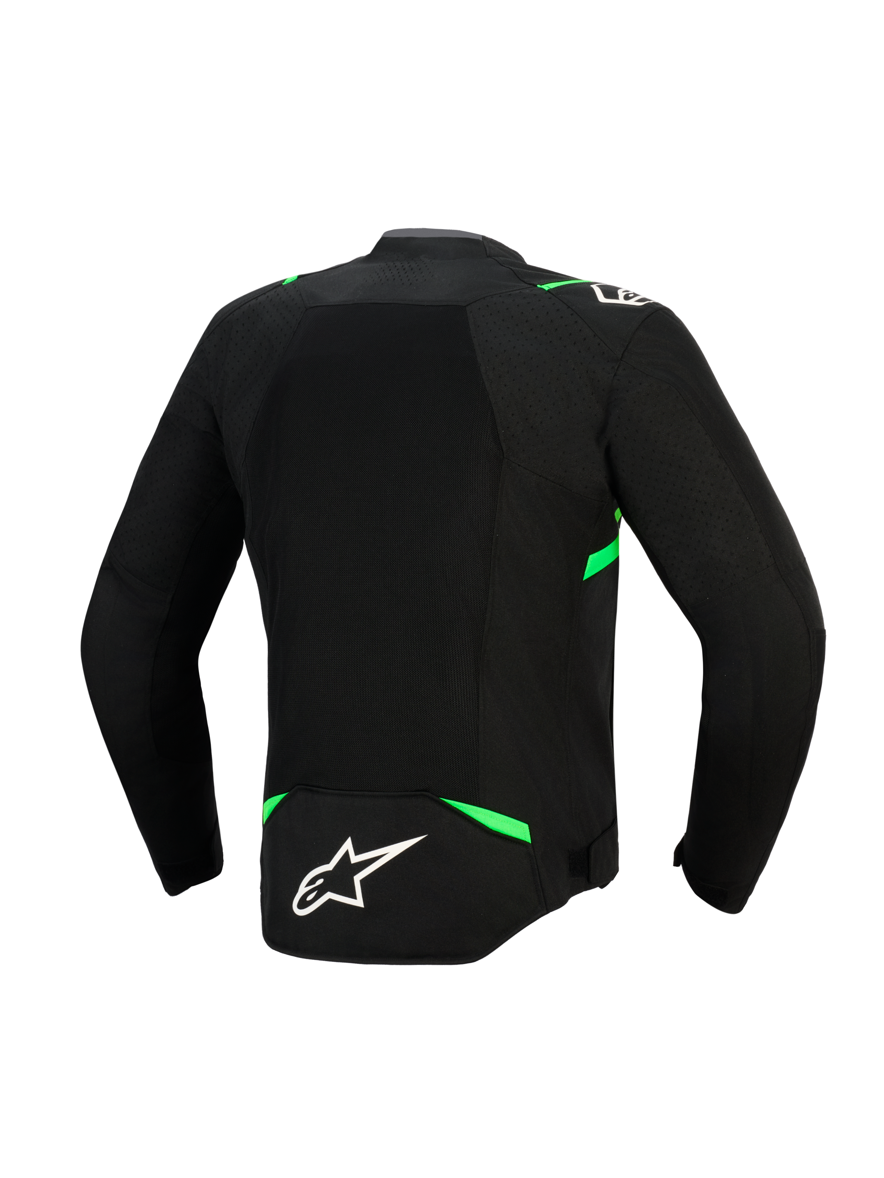 Giacca Alpinestars T-SPS Air V2, vista posteriore, nero e verde fluo, con un ampio pannello in rete tecnica per il massimo flusso d'aria, dettagli verde fluorescente su spalle e vita e logo Alpinestars bianco sulla parte bassa della schiena.