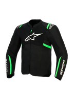 Giacca Alpinestars T-SPS Air V2, nero e verde fluo, vista frontale con logo Alpinestars bianco sul petto, pannelli in rete tecnica per la ventilazione e accenti verdi su spalle e maniche, abbigliamento sportivo da moto