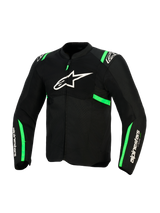 Giacca Alpinestars T-SPS Air V2, nero e verde fluo, vista frontale con logo Alpinestars bianco sul petto, pannelli in rete tecnica per la ventilazione e accenti verdi su spalle e maniche, abbigliamento sportivo da moto
