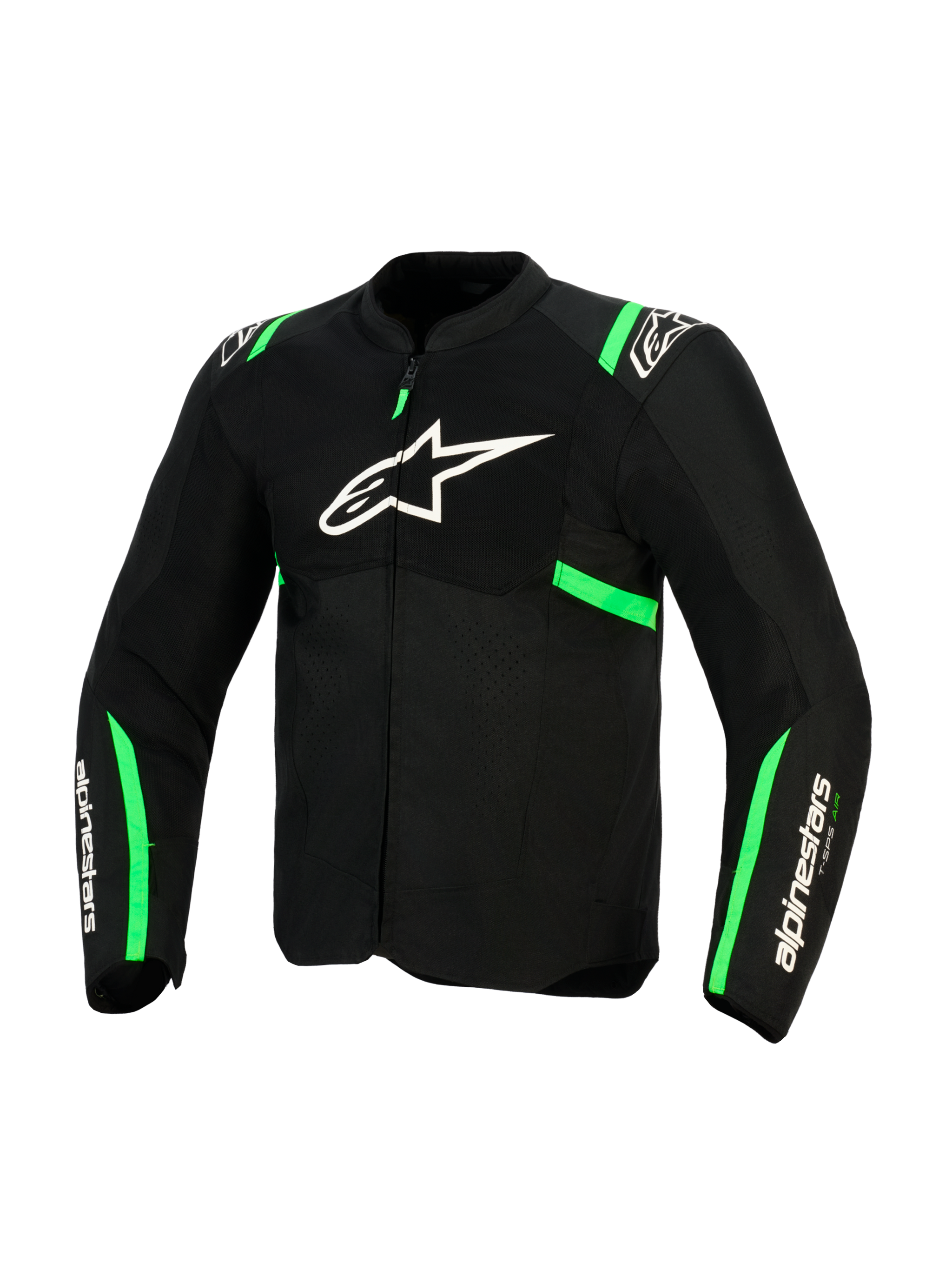 Giacca Alpinestars T-SPS Air V2, nero e verde fluo, vista frontale con logo Alpinestars bianco sul petto, pannelli in rete tecnica per la ventilazione e accenti verdi su spalle e maniche, abbigliamento sportivo da moto