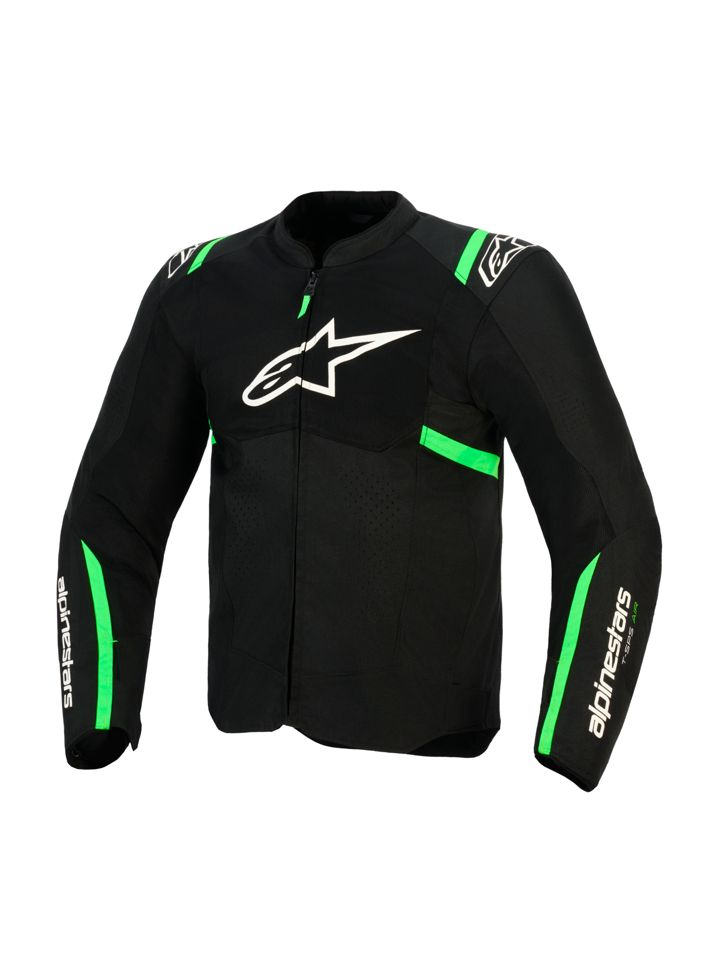 Giacca Alpinestars T-SPS Air V2, nero e verde fluo, vista frontale con logo Alpinestars bianco sul petto, pannelli in rete tecnica per la ventilazione e accenti verdi su spalle e maniche, abbigliamento sportivo da moto