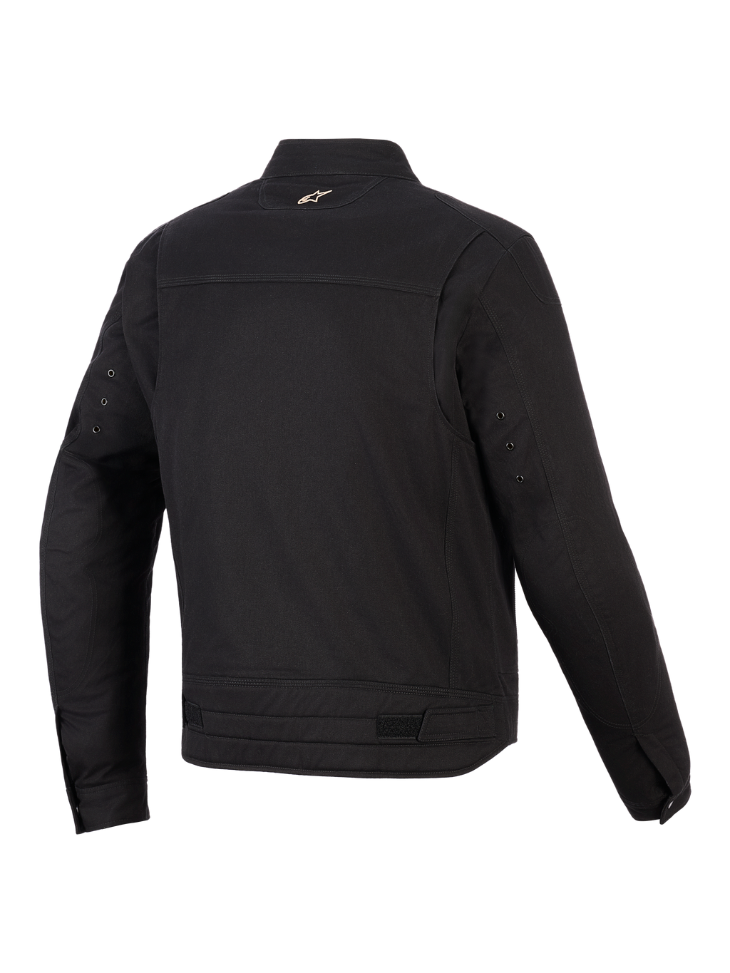 Giacca Alpinestars Bruiser, giacca da moto urbana, nero, vista posteriore che mostra pannelli articolati sulle spalle, regolatori in vita e piccolo logo ricamato sul colletto, design in tessuto robusto ispirato all'abbigliamento da lavoro