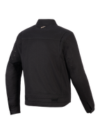 Giacca Alpinestars Bruiser, giacca da moto urbana, nero, vista posteriore che mostra pannelli articolati sulle spalle, regolatori in vita e piccolo logo ricamato sul colletto, design in tessuto robusto ispirato all'abbigliamento da lavoro