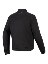 Giacca Alpinestars Bruiser, giacca da moto urbana, nero, vista posteriore che mostra pannelli articolati sulle spalle, regolatori in vita e piccolo logo ricamato sul colletto, design in tessuto robusto ispirato all'abbigliamento da lavoro