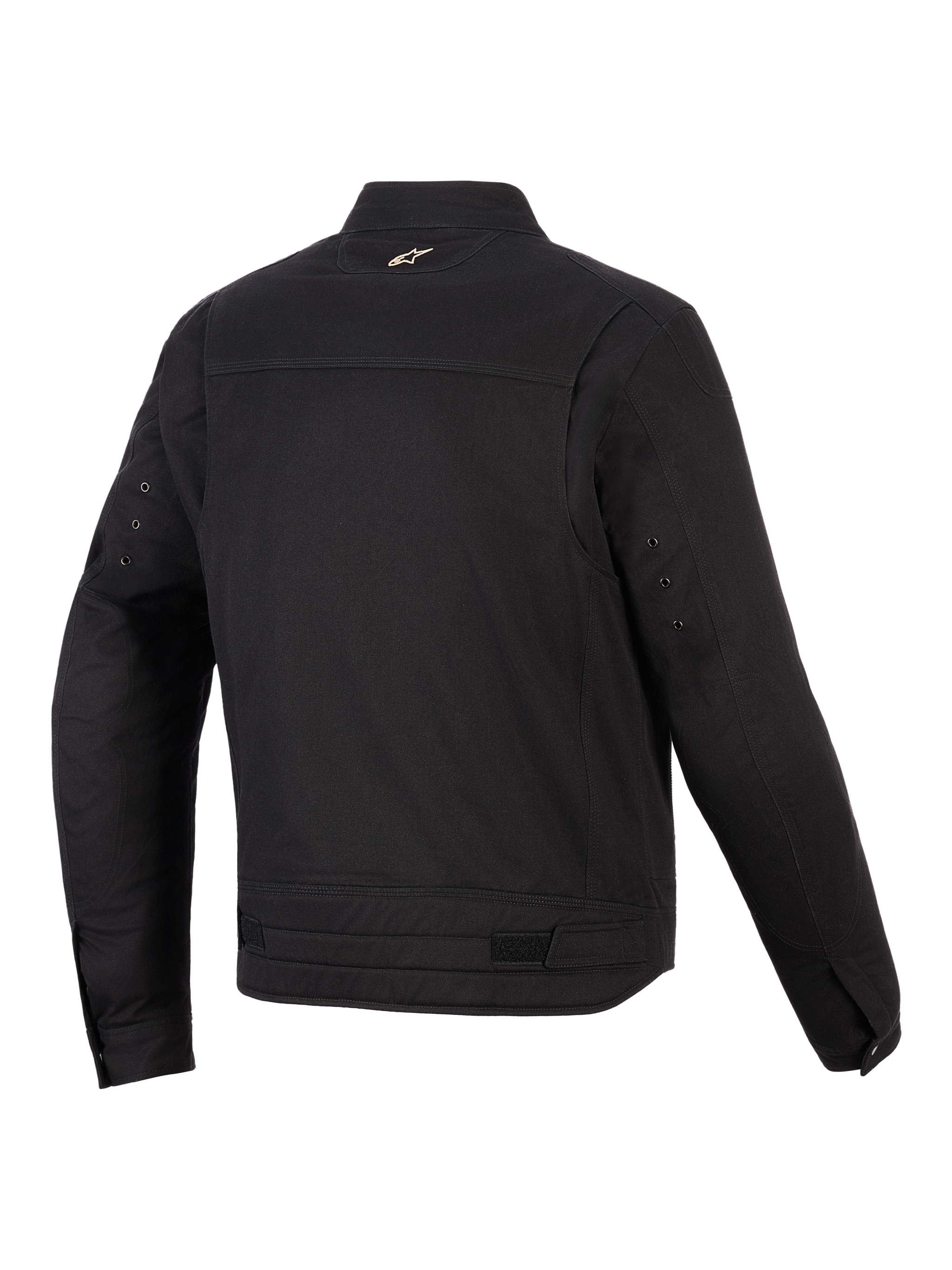 Giacca Alpinestars Bruiser, giacca da moto urbana, nero, vista posteriore che mostra pannelli articolati sulle spalle, regolatori in vita e piccolo logo ricamato sul colletto, design in tessuto robusto ispirato all'abbigliamento da lavoro