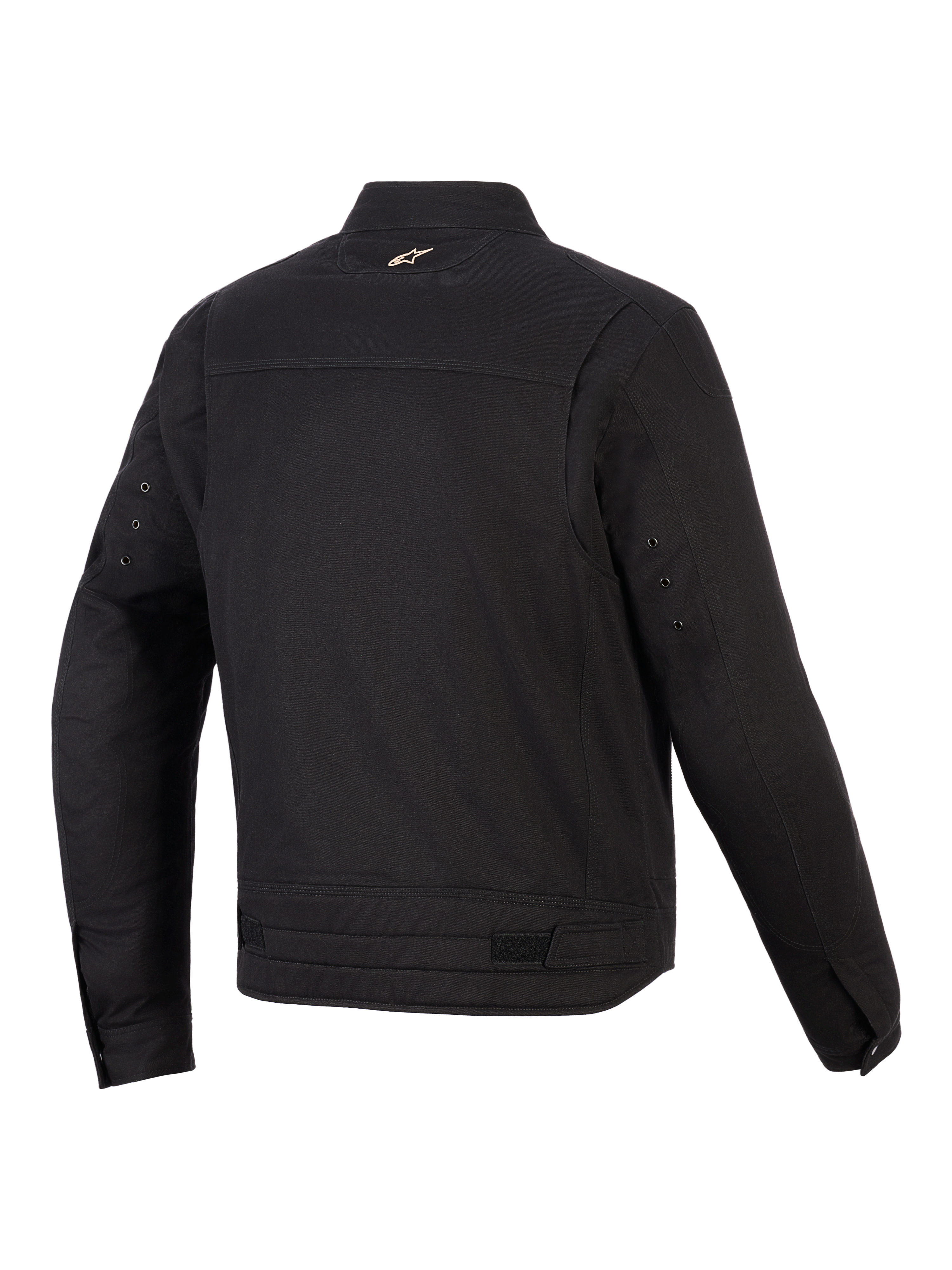 Giacca Alpinestars Bruiser, giacca da moto urbana, nero, vista posteriore che mostra pannelli articolati sulle spalle, regolatori in vita e piccolo logo ricamato sul colletto, design in tessuto robusto ispirato all'abbigliamento da lavoro