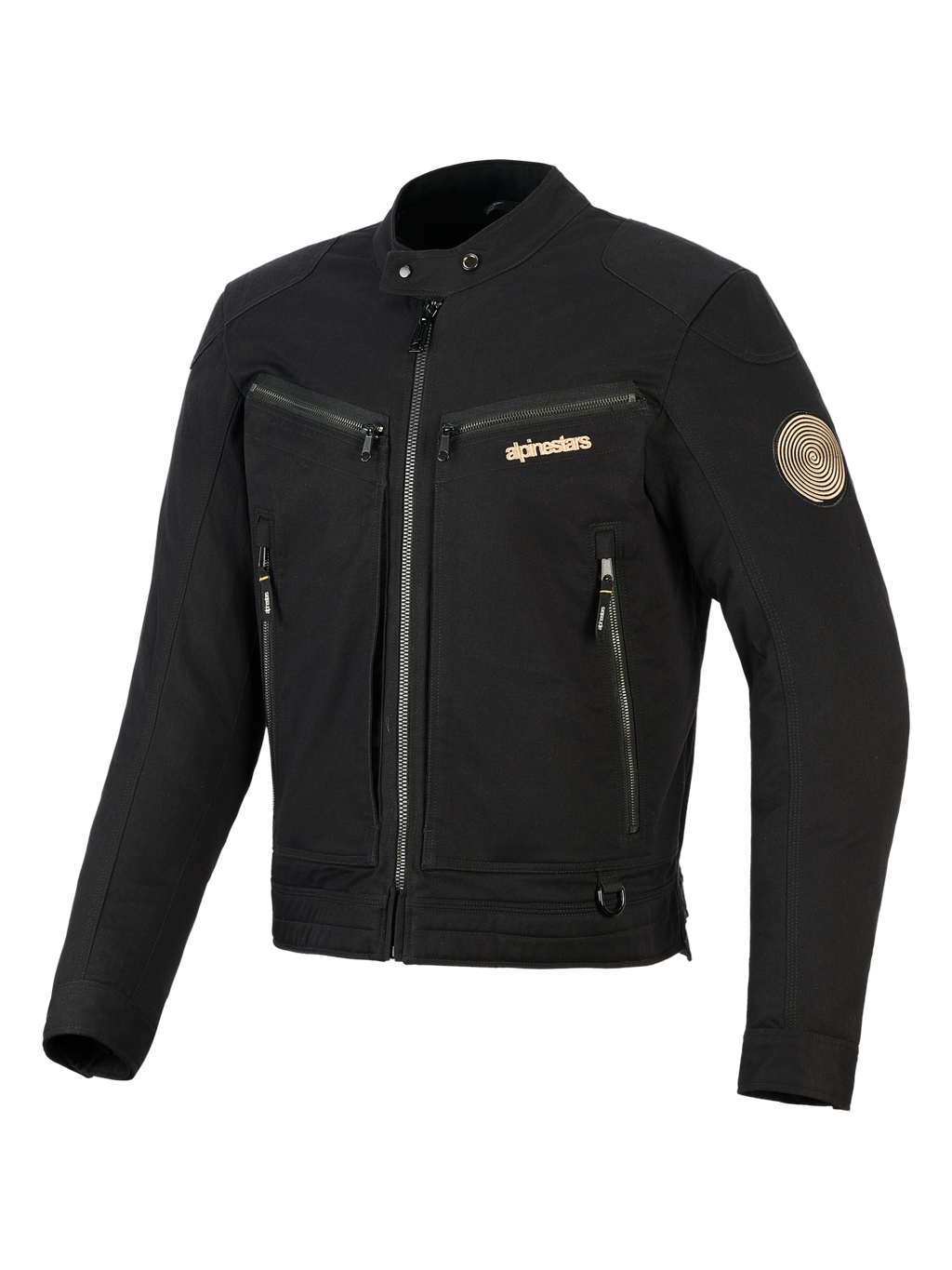 Giacca Alpinestars Bruiser, giacca da moto urbana nera, dotata di tasche con zip sul petto e per le mani, branding color oro e patch Oscar a spirale sulla spalla, design tessile ispirato al workwear.