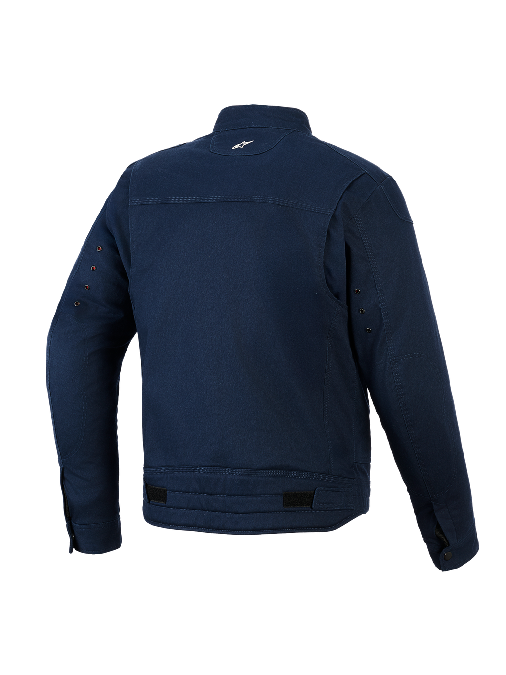 Giacca Alpinestars Bruiser, giacca da moto urbana, blu scuro, vista posteriore con costruzione in twill di policotone elasticizzato, piccolo logo bianco sul retro del collo, occhielli di ventilazione sulle maniche e linguette di regolazione in vita.