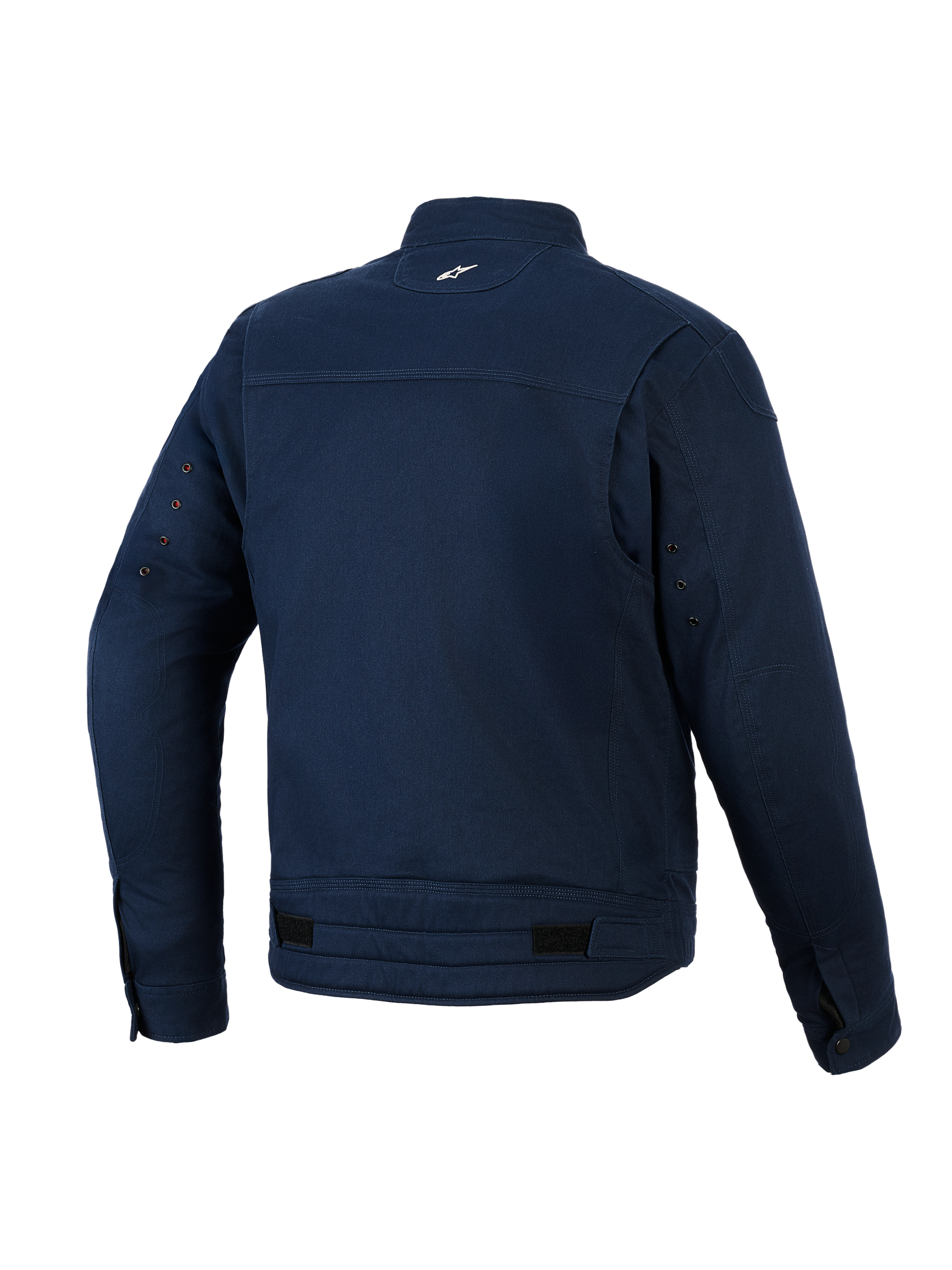 Giacca Alpinestars Bruiser, giacca da moto urbana, blu scuro, vista posteriore con costruzione in twill di policotone elasticizzato, piccolo logo bianco sul retro del collo, occhielli di ventilazione sulle maniche e linguette di regolazione in vita.