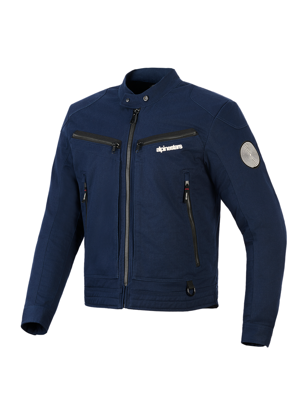 Giacca Alpinestars Bruiser, giacca da moto urban in tessuto, blu scuro, design ispirato al workwear con zip frontale e tasche sul petto, colletto con bottone a pressione e patch Oscar a spirale sulla manica, estetica streetwear contemporanea
