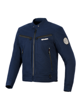 Giacca Alpinestars Bruiser, giacca da moto urban in tessuto, blu scuro, design ispirato al workwear con zip frontale e tasche sul petto, colletto con bottone a pressione e patch Oscar a spirale sulla manica, estetica streetwear contemporanea