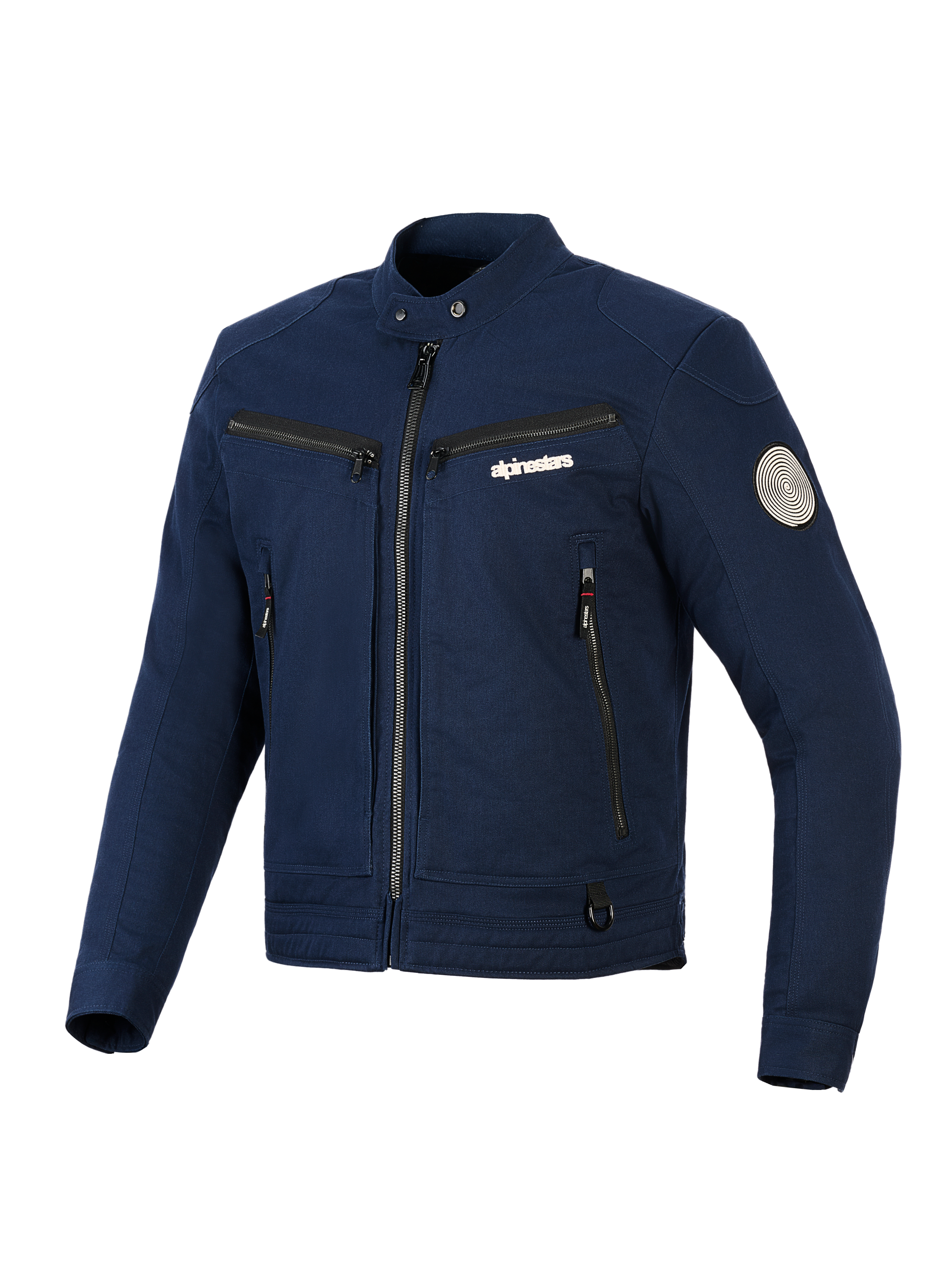 Giacca Alpinestars Bruiser, giacca da moto urban in tessuto, blu scuro, design ispirato al workwear con zip frontale e tasche sul petto, colletto con bottone a pressione e patch Oscar a spirale sulla manica, estetica streetwear contemporanea