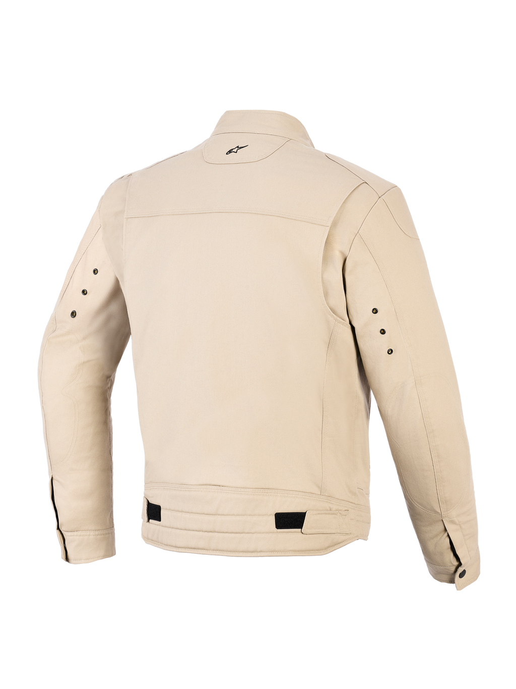 Giacca Alpinestars Bruiser, giacca da moto urbana, colore Aluminum tan, vista posteriore con pannelli plissettati sulle spalle, cinturini regolabili in vita con linguette nere, piccolo logo ricamato sulla parte posteriore del collo e occhielli in metallo sul retro delle maniche.