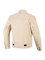 Giacca Alpinestars Bruiser, giacca da moto urbana, colore Aluminum tan, vista posteriore con pannelli plissettati sulle spalle, cinturini regolabili in vita con linguette nere, piccolo logo ricamato sulla parte posteriore del collo e occhielli in metallo sul retro delle maniche.