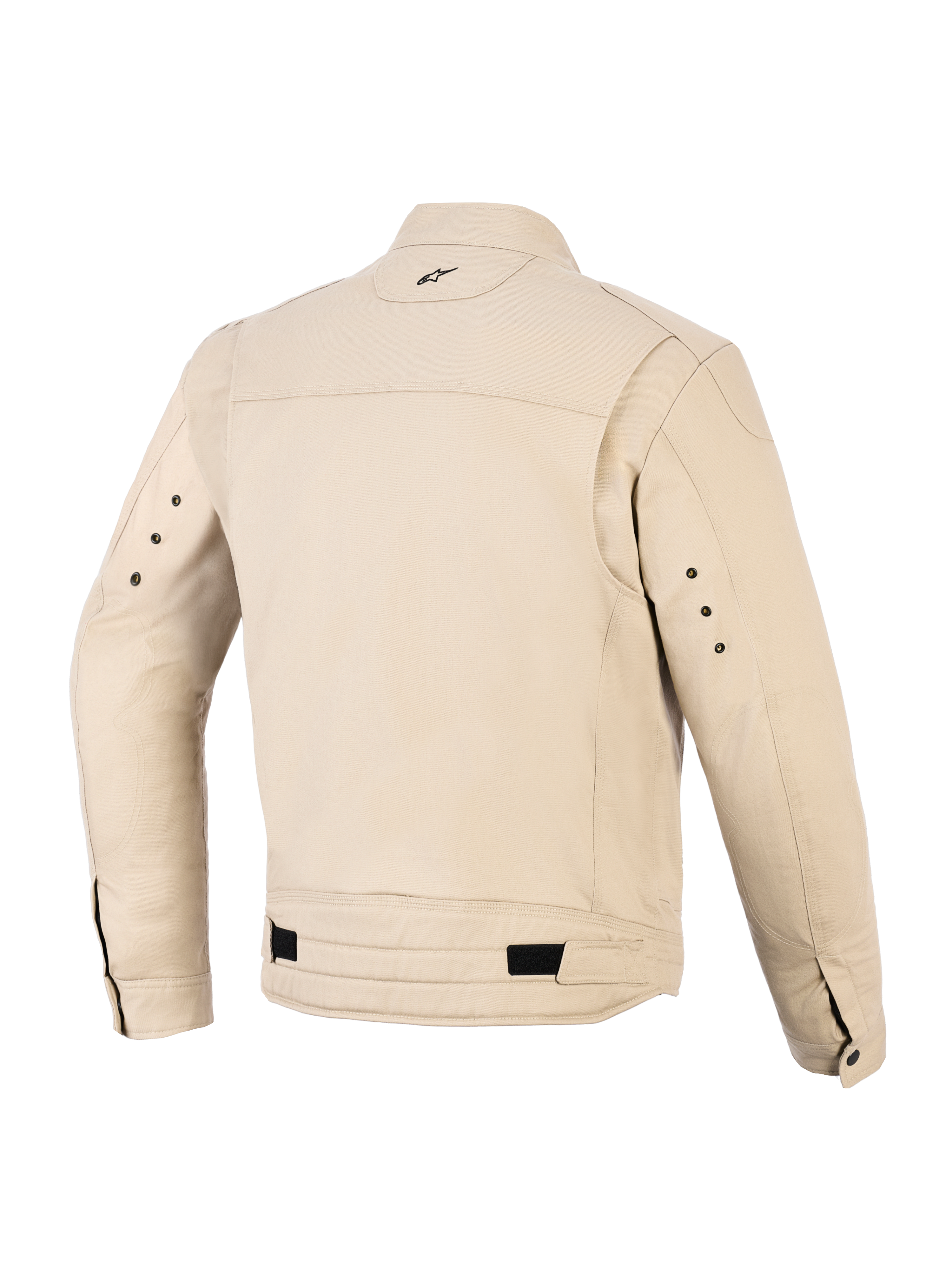 Giacca Alpinestars Bruiser, giacca da moto urbana, colore Aluminum tan, vista posteriore con pannelli plissettati sulle spalle, cinturini regolabili in vita con linguette nere, piccolo logo ricamato sulla parte posteriore del collo e occhielli in metallo sul retro delle maniche.