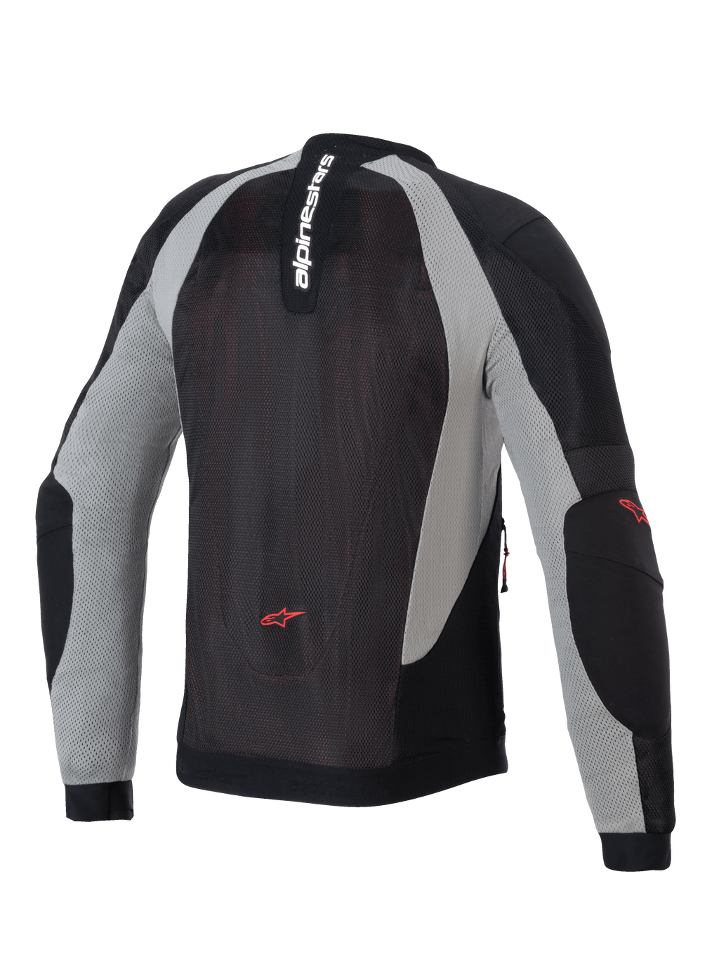 Giacca Alpinestars Troop-Air, giacca da moto ventilata, nero, grigio cenere e rosso acceso, vista posteriore che mostra la costruzione in mesh tecnico, marchio Alpinestars verticale sul colletto e loghi a stella rossi sulla parte bassa della schiena e sui gomiti.