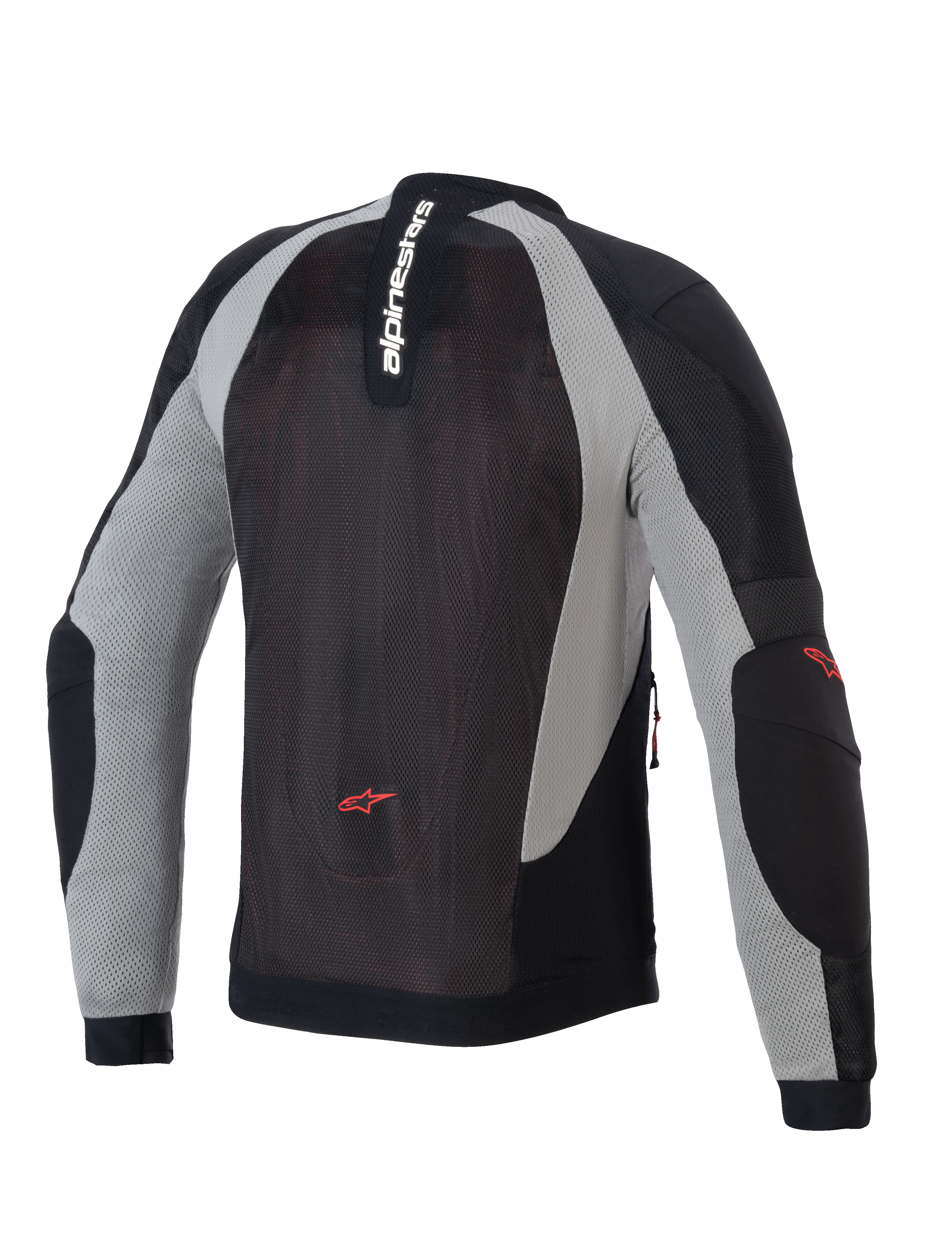 Giacca Alpinestars Troop-Air, giacca da moto ventilata, nero, grigio cenere e rosso acceso, vista posteriore che mostra la costruzione in mesh tecnico, marchio Alpinestars verticale sul colletto e loghi a stella rossi sulla parte bassa della schiena e sui gomiti.