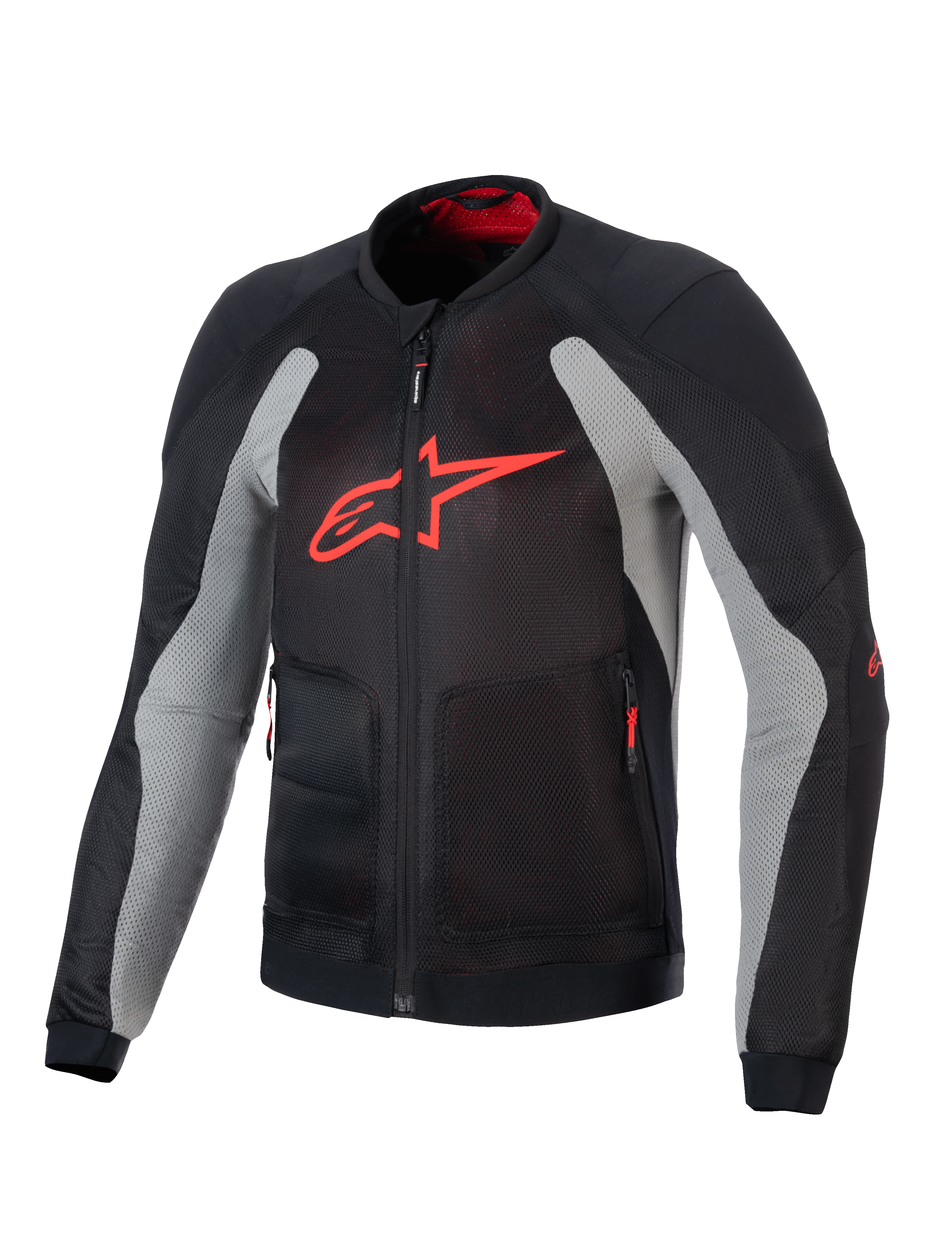 Giacca Alpinestars Troop-Air, giacca tecnica da moto ventilata, nero e grigio cenere con dettagli rosso acceso, dotata di un grande logo A-star rosso sul petto, costruzione in mesh traspirante e design tecnico per la guida.