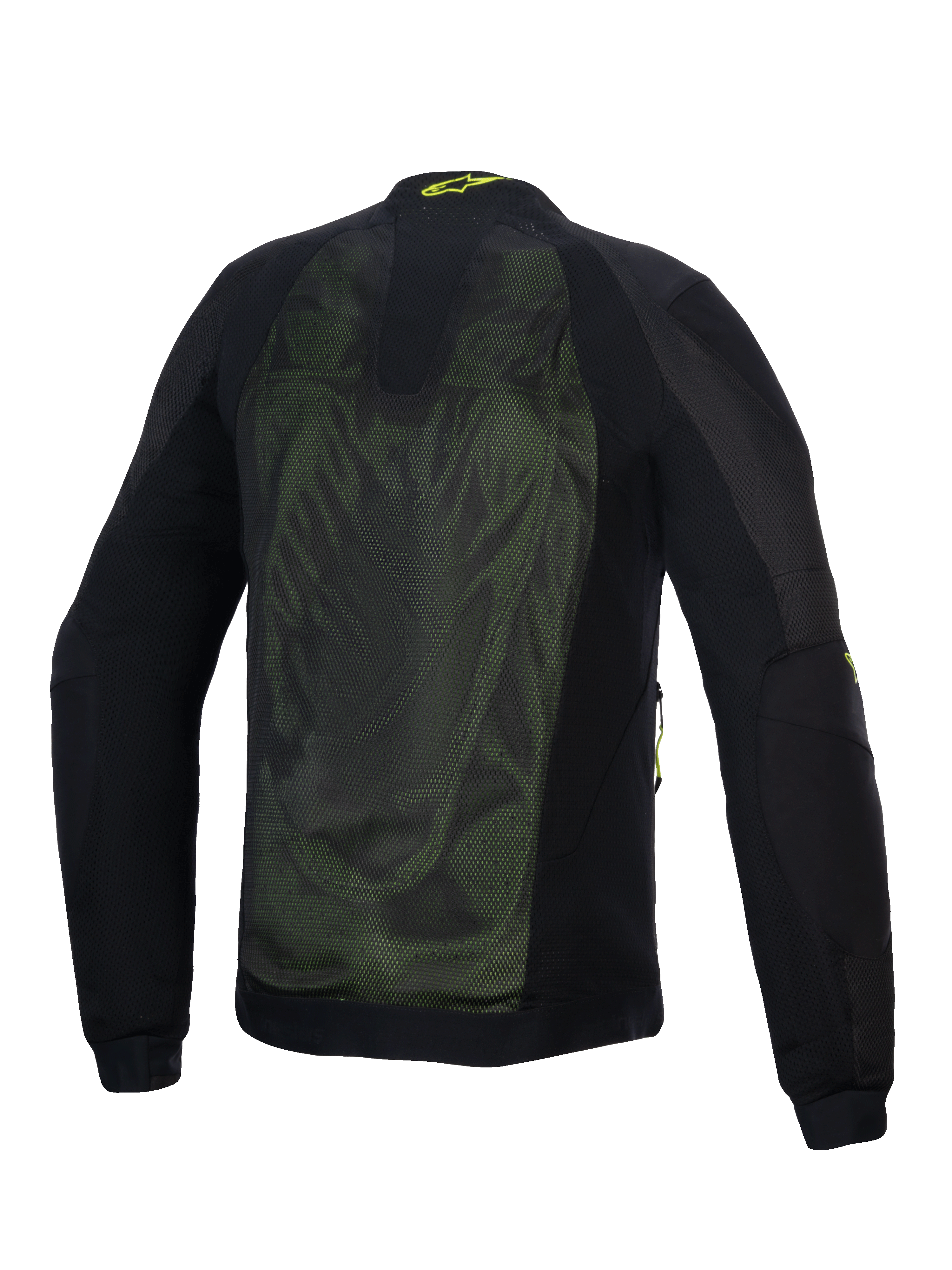 Giacca Alpinestars Troop-Air, giacca tecnica da moto in mesh, Nero e Giallo Fluo, vista posteriore con ampi pannelli in mesh tecnico 2D per il flusso d'aria, logo Alpinestars giallo sul colletto e maniche in tessuto rinforzato