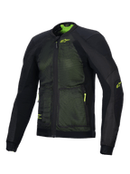 Alpinestars Troop-Air Jacket, giacca da moto traforata avanzata, nero e giallo fluo, con costruzione in mesh tecnico 2D per un flusso d'aria superiore, logo Alpinestars giallo fluo sul petto e sulla manica, design leggero e traspirante per la guida estiva su strada