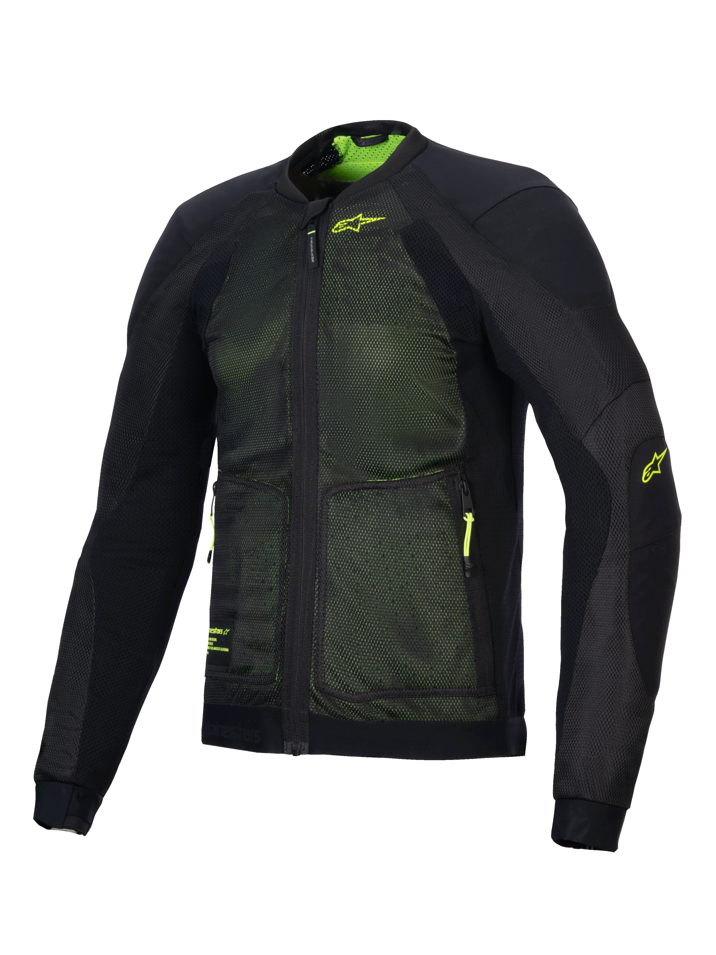 Alpinestars Troop-Air Jacket, giacca da moto traforata avanzata, nero e giallo fluo, con costruzione in mesh tecnico 2D per un flusso d'aria superiore, logo Alpinestars giallo fluo sul petto e sulla manica, design leggero e traspirante per la guida estiva su strada