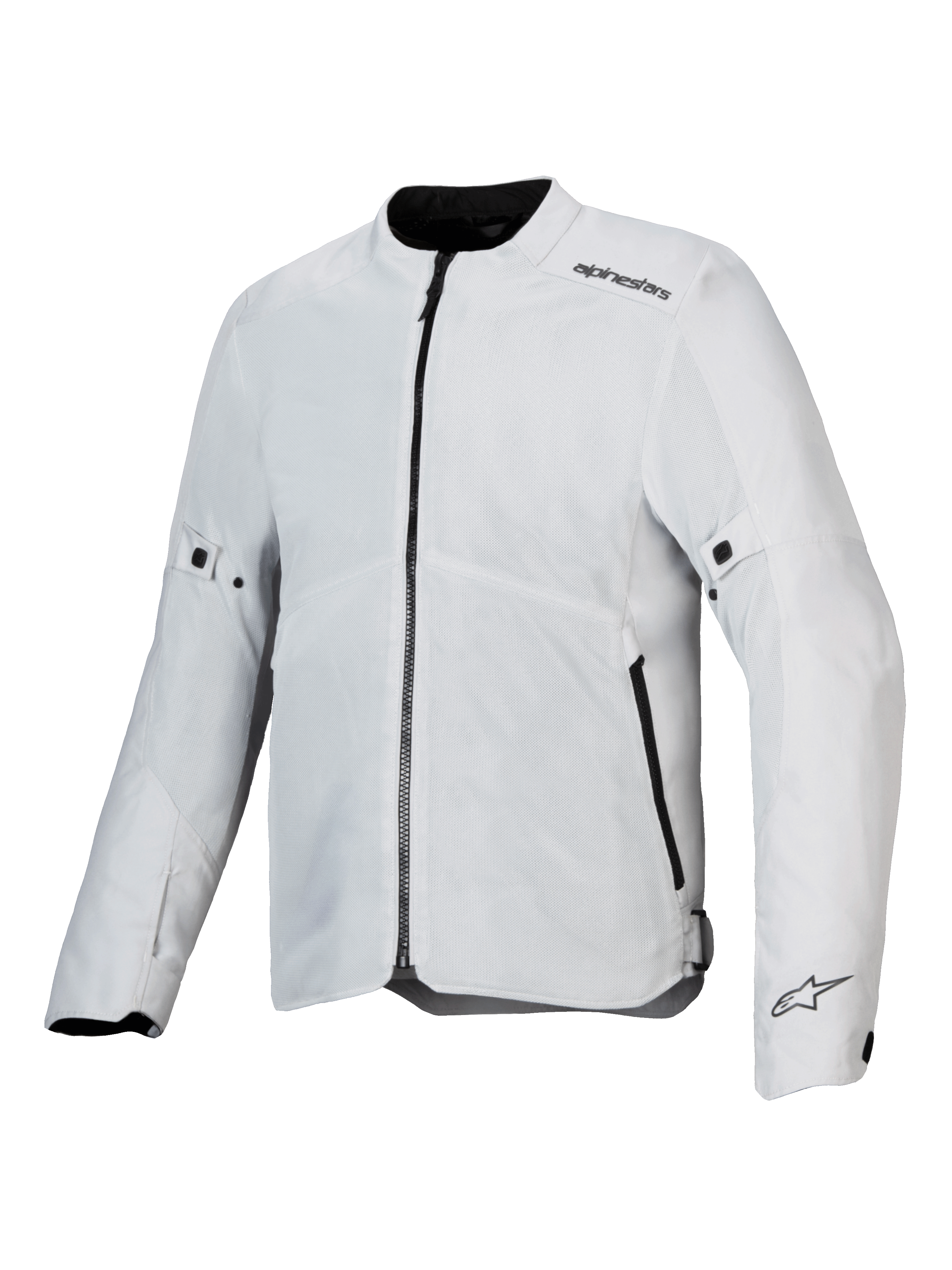 Giacca Alpinestars C-1 Air, giacca da moto, argento, costruzione in tessuto leggero con pannelli in rete tecnica, vista frontale con cerniera nera centrale e tasche laterali, loghi Alpinestars sulla spalla e sul polsino, stile urban commuting