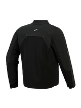 Giacca Alpinestars Provoke, giacca da moto in tessuto, nera, vista posteriore con pannelli in softshell ripstop e un piccolo logo bianco sulla parte superiore della schiena, design tecnico urbano per il pendolarismo in moto