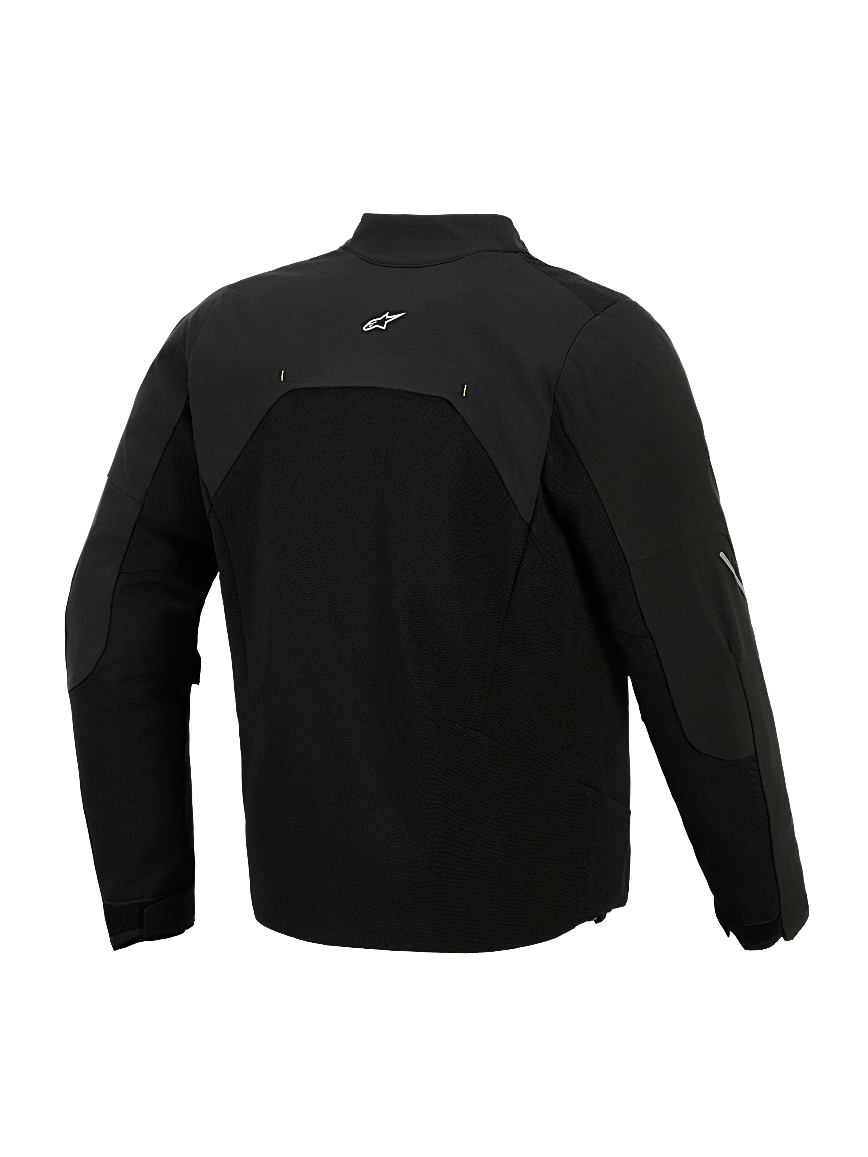 Giacca Alpinestars Provoke, giacca da moto in tessuto, nera, vista posteriore con pannelli in softshell ripstop e un piccolo logo bianco sulla parte superiore della schiena, design tecnico urbano per il pendolarismo in moto