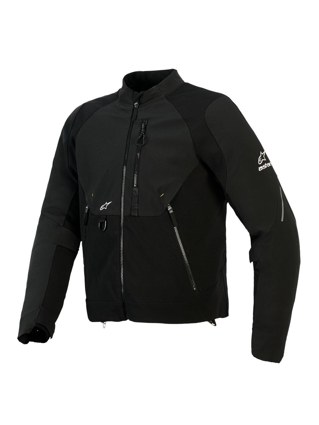 Giacca Alpinestars Provoke, giacca da moto in tessuto, nera, pannelli in softshell ripstop, zona del petto traforata al laser, tasche con cerniera, logo Alpinestars bianco su manica e petto, abbigliamento da guida urbano contemporaneo