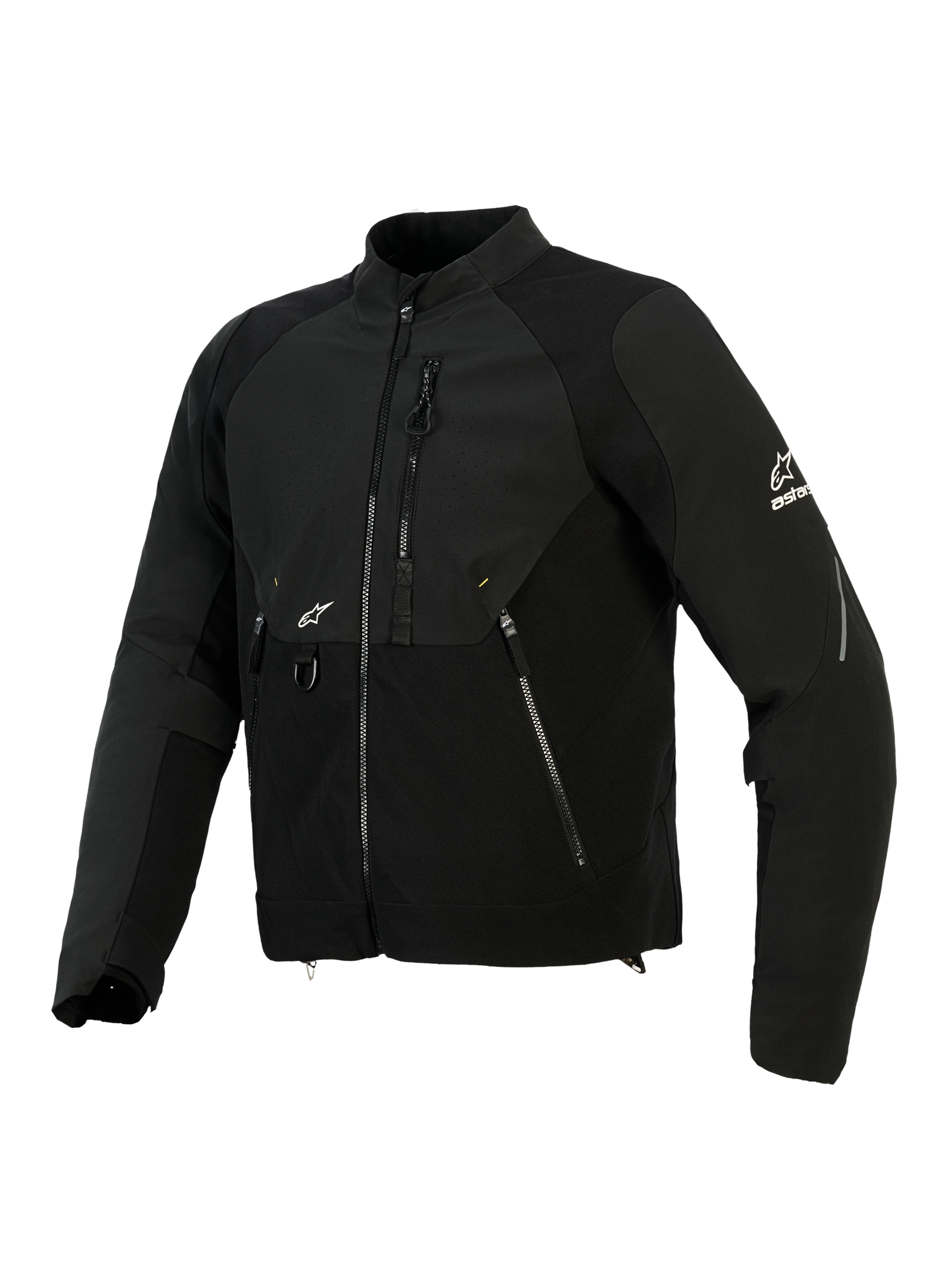 Giacca Alpinestars Provoke, giacca da moto in tessuto, nera, pannelli in softshell ripstop, zona del petto traforata al laser, tasche con cerniera, logo Alpinestars bianco su manica e petto, abbigliamento da guida urbano contemporaneo