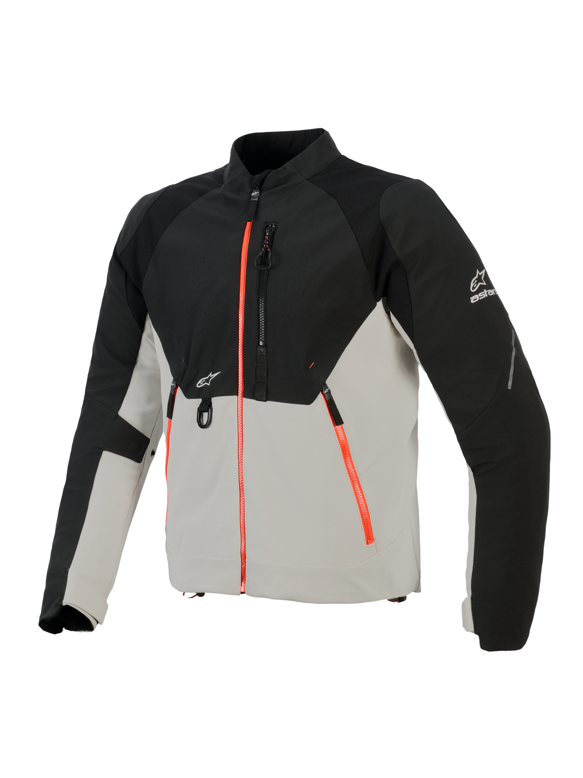 Giacca Alpinestars Provoke, giacca da moto urban, nero e grigio metallo con accenti delle cerniere in rosso fluorescente, dotata di pannelli sul petto traforati al laser, rinforzi in softshell ripstop e attacco a D frontale, design stradale per la guida con climi caldi