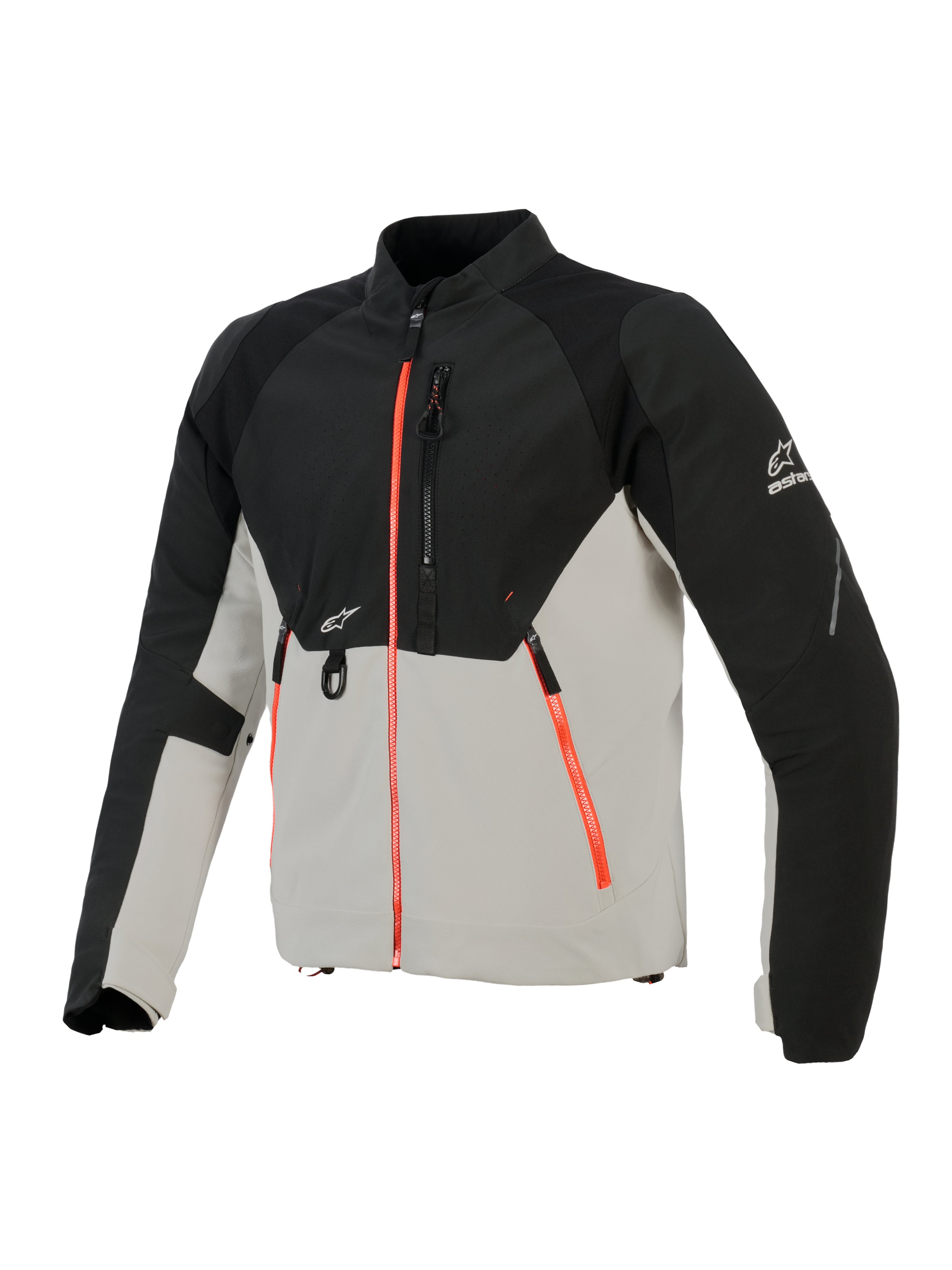Giacca Alpinestars Provoke, giacca da moto urban, nero e grigio metallo con accenti delle cerniere in rosso fluorescente, dotata di pannelli sul petto traforati al laser, rinforzi in softshell ripstop e attacco a D frontale, design stradale per la guida con climi caldi