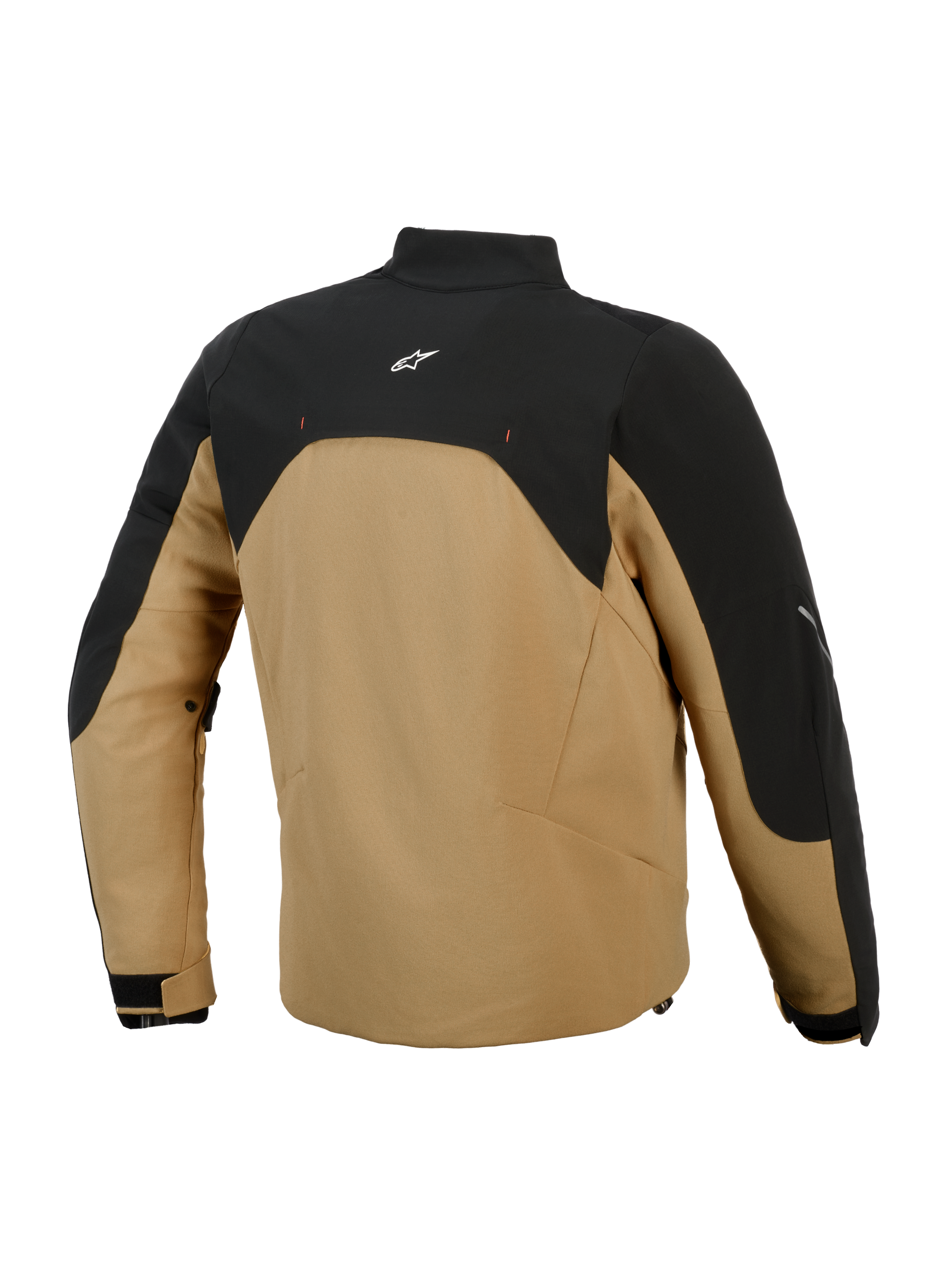 Giacca Alpinestars Provoke, giacca da moto urbana, nero e cammello, vista posteriore con pannello superiore nero e logo bianco, corpo in softshell color cammello, silhouette contemporanea con dettagli riflettenti, progettata per i motociclisti urbani