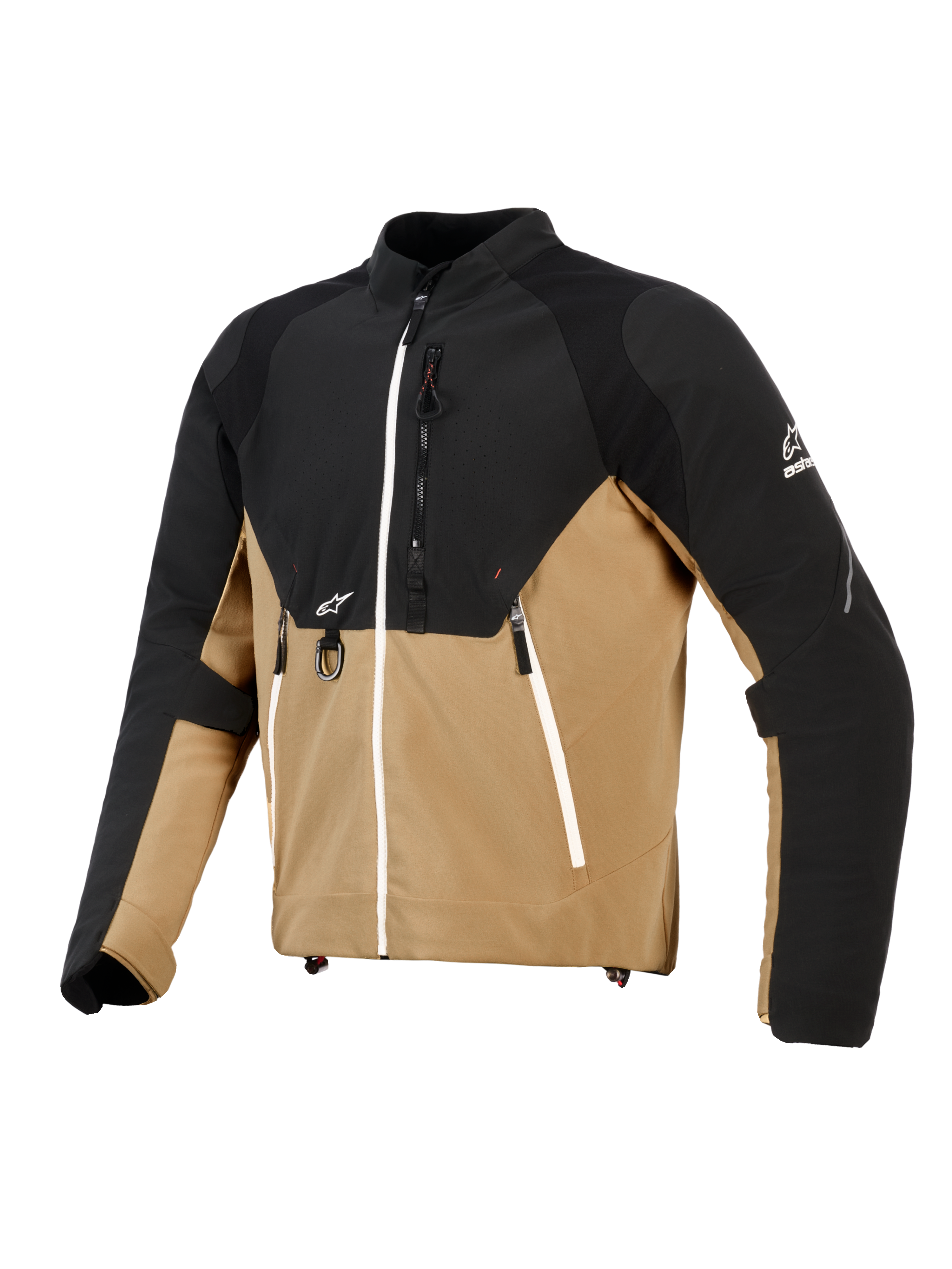 Alpinestars Provoke Jacket, giacca da moto urbana, nero e cammello, costruzione in tessuto tecnico con pannelli ripstop, con dettagli delle cerniere bianchi, anello a D in metallo frontale e loghi Alpinestars, design contemporaneo d'ispirazione outdoor