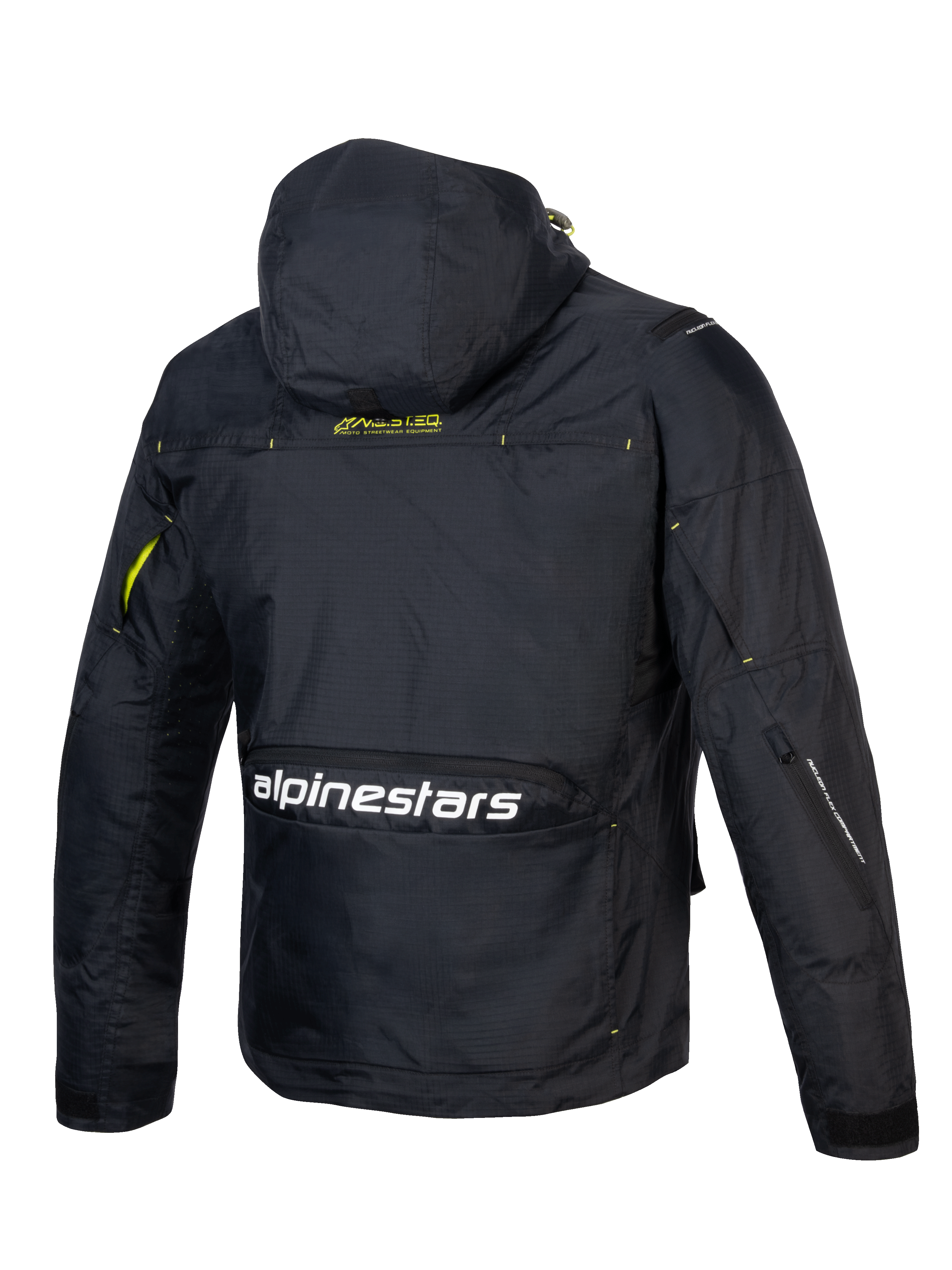 Alpinestars Giacca Mogress Air, giacca da moto urban, nera e verde lime, tessuto ripstop ventilato, con cappuccio e logo.