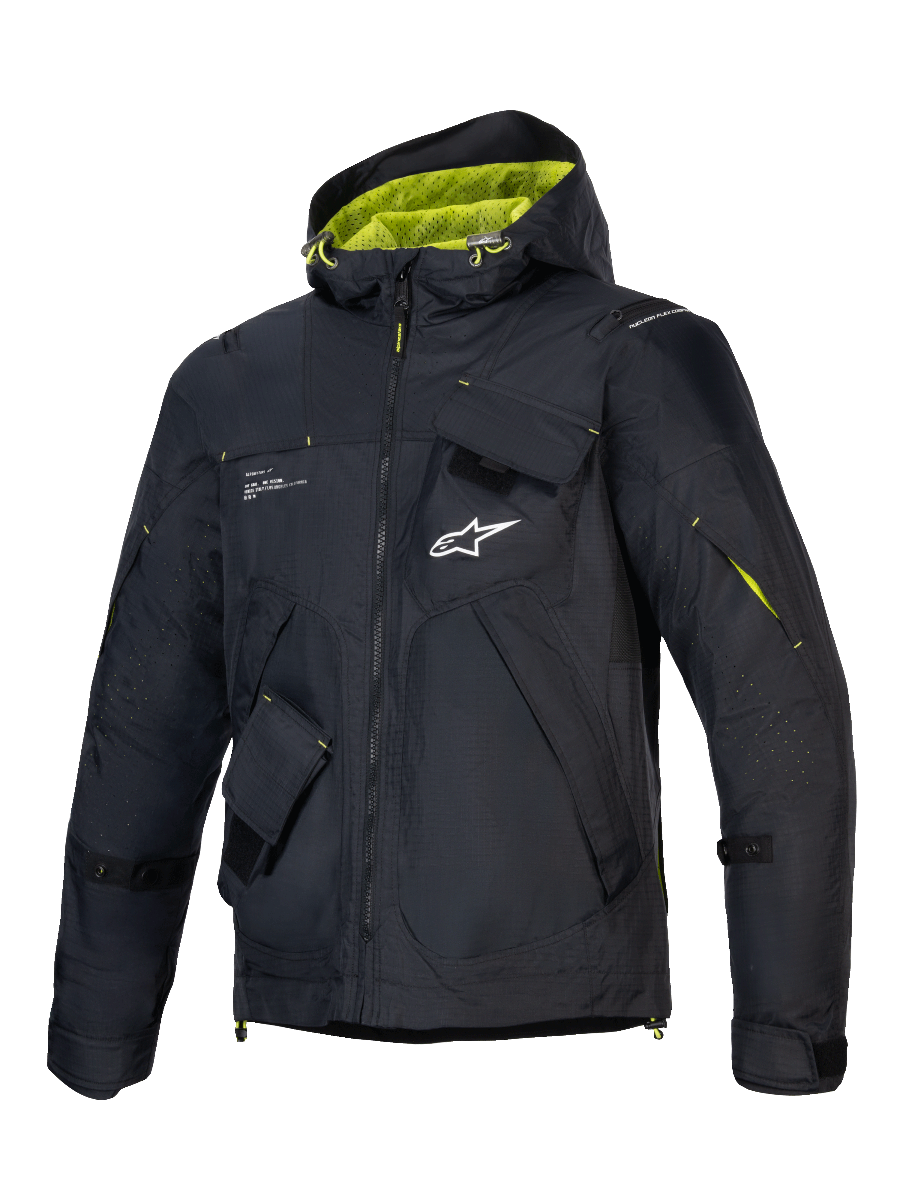 Alpinestars giacca Mogress Air, giacca da moto urban da uomo, nero e verde lime, tessuto ripstop ventilato, con cappuccio e protezioni Nucleon Flex Plus, certificata CE