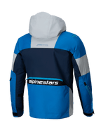 Alpinestars Giacca Mogress Air, giacca da moto urban blu e grigio mandorla, vista posteriore con cappuccio, certificata CE.