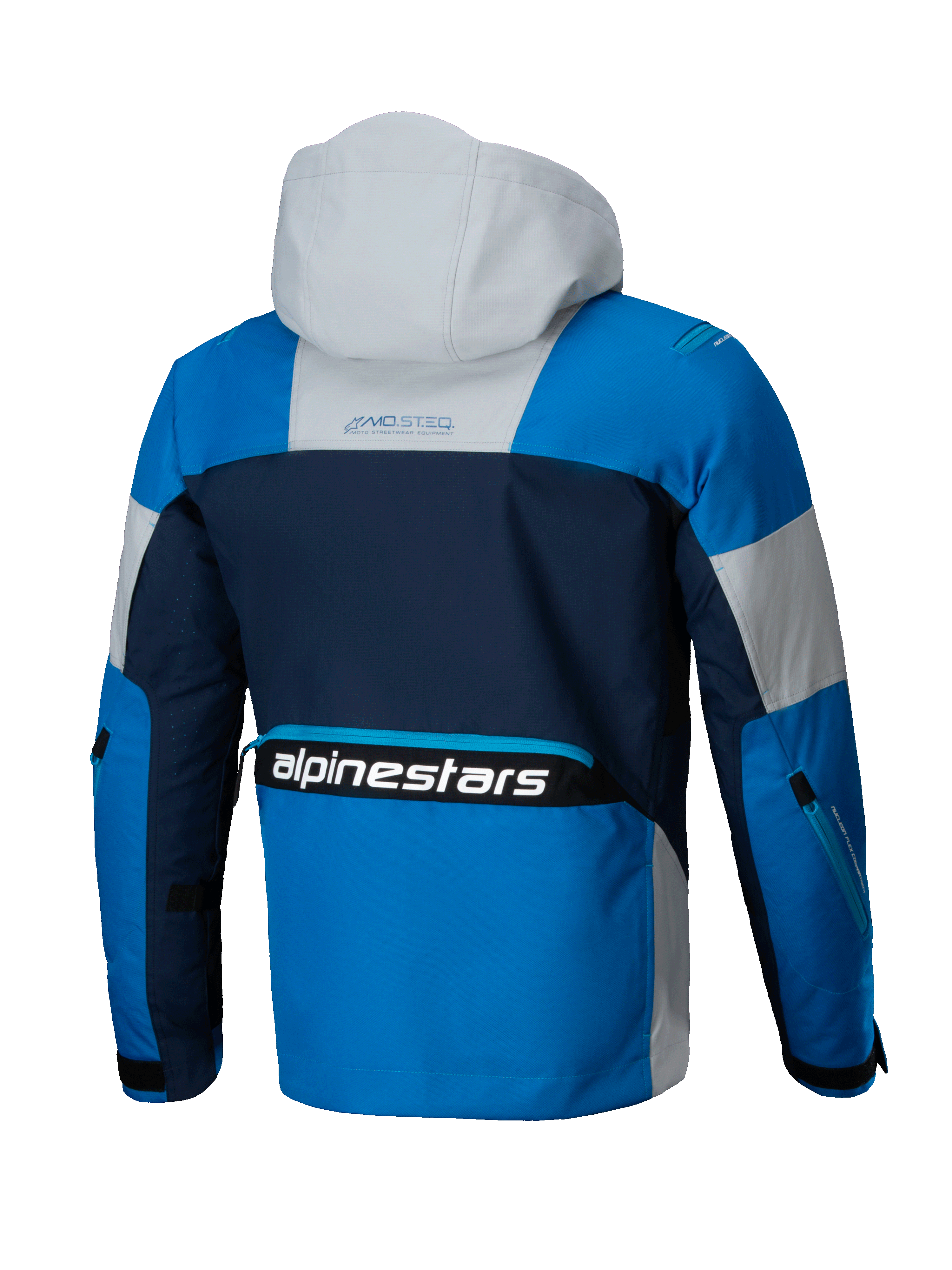 Alpinestars Giacca Mogress Air, giacca da moto urban blu e grigio mandorla, vista posteriore con cappuccio, certificata CE.