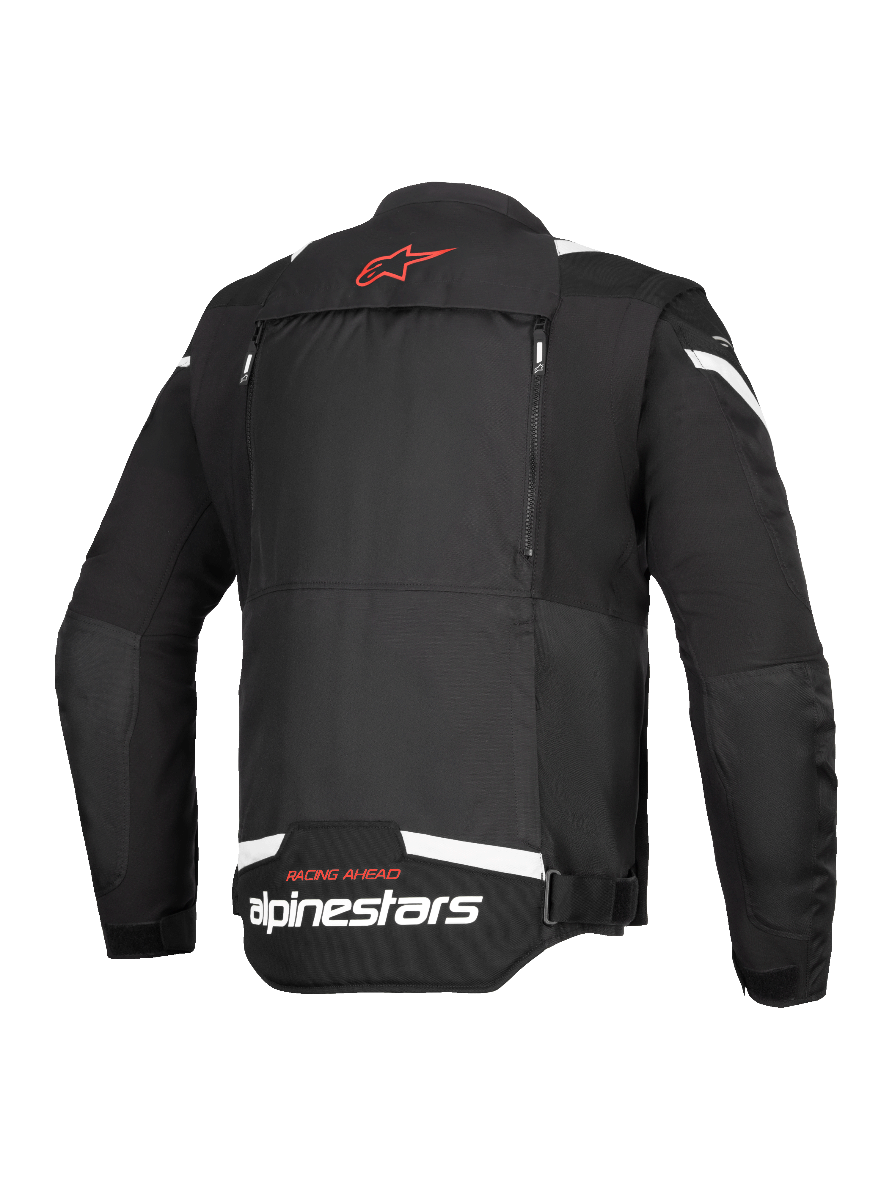 Alpinestars T-Stunt Air Jacket, vista posteriore, nero e bianco, con logo a stella rosso sul collo, marchio bianco sulla parte inferiore della schiena e cerniere verticali per il sistema modulare di flusso d'aria.