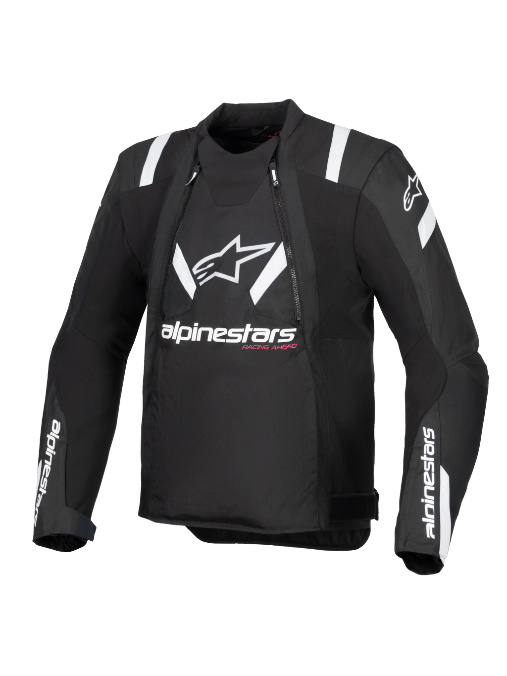 Giacca Alpinestars T-Stunt Air, nero e bianco, vista frontale di giacca da moto dal taglio sportivo, con grande logo e scritta Alpinestars in bianco sul petto, dettagli bianchi sulle spalle e pannelli in mesh per la ventilazione modulare