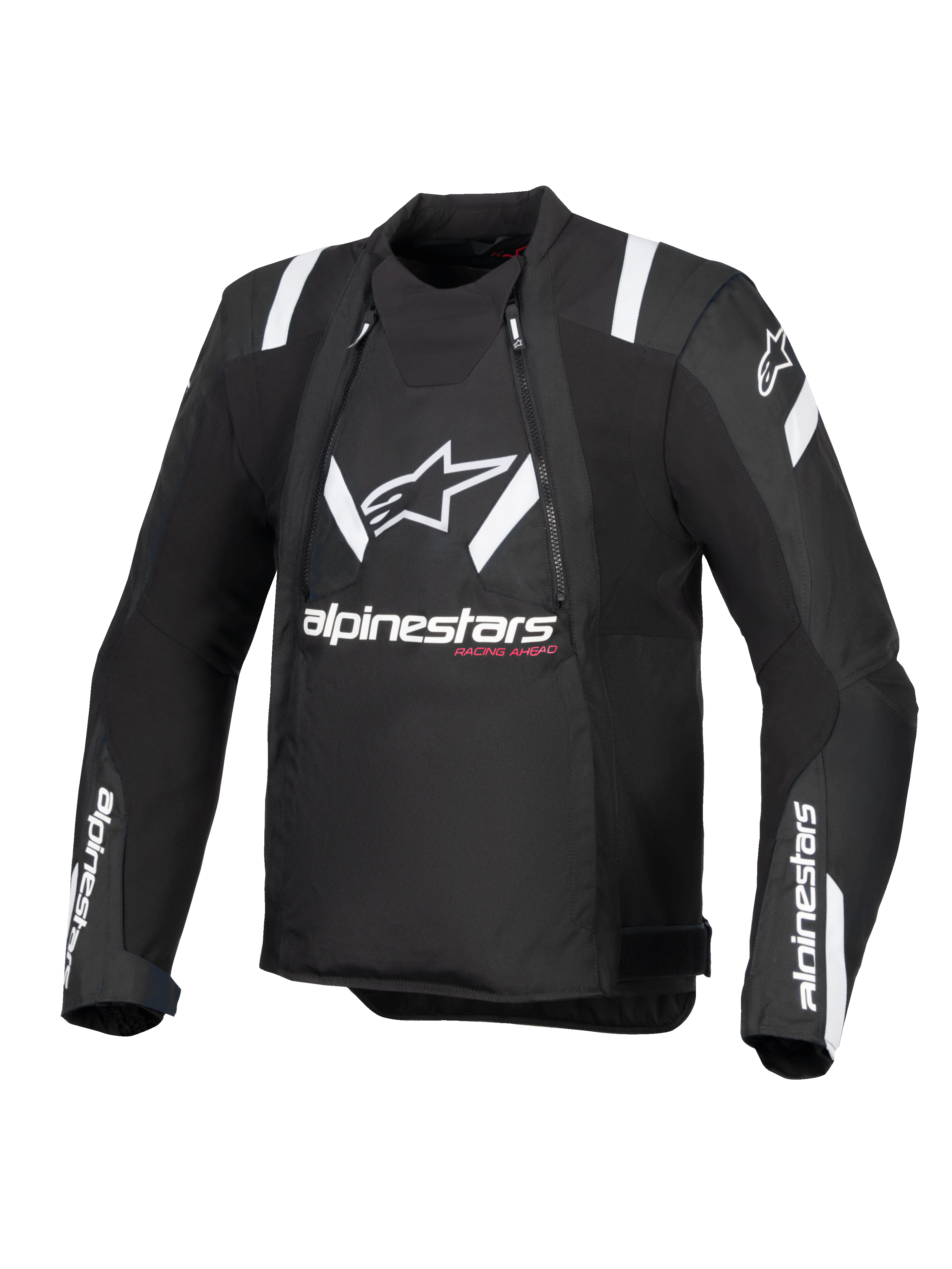 Giacca Alpinestars T-Stunt Air, nero e bianco, vista frontale di giacca da moto dal taglio sportivo, con grande logo e scritta Alpinestars in bianco sul petto, dettagli bianchi sulle spalle e pannelli in mesh per la ventilazione modulare