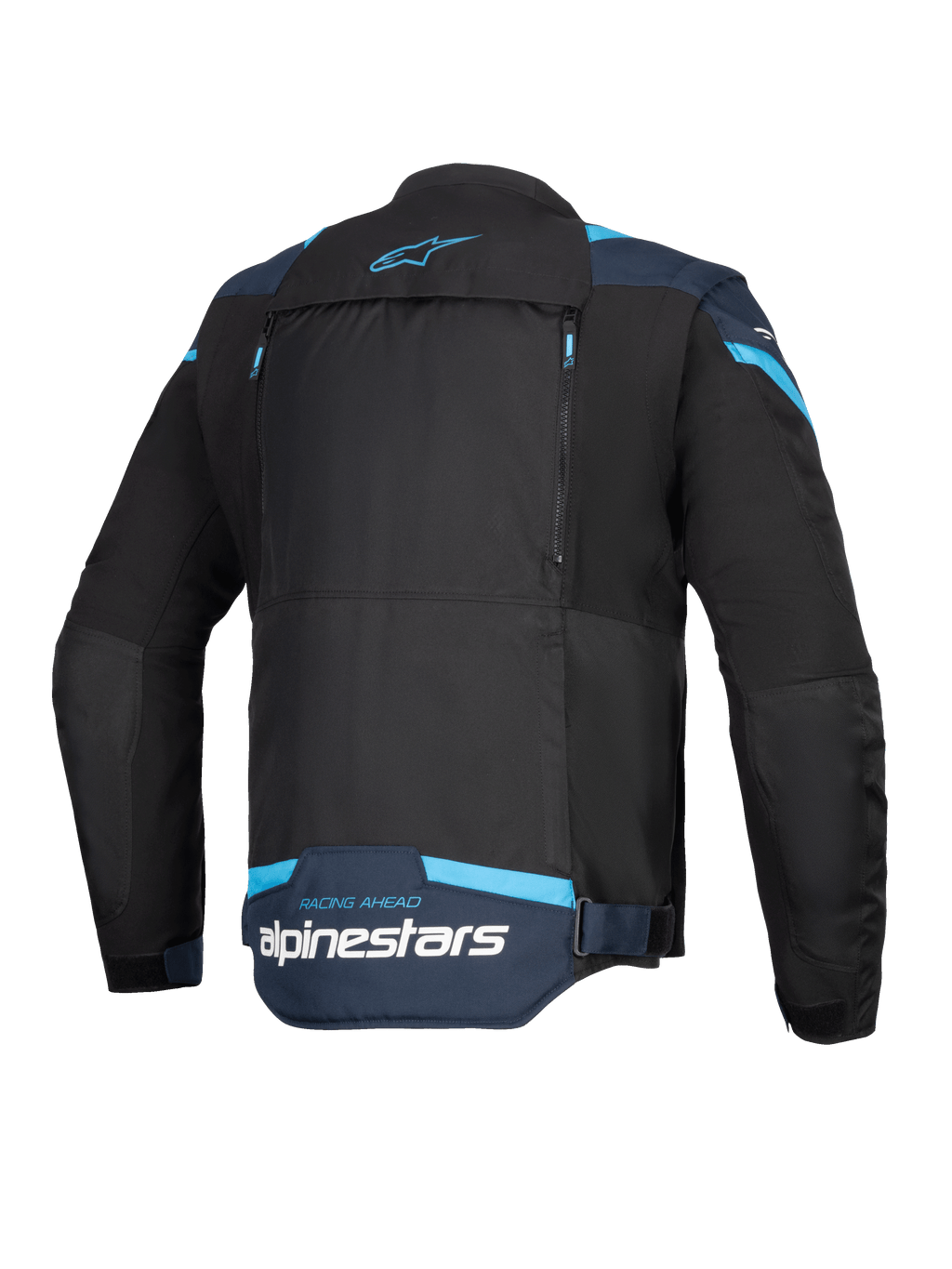Alpinestars T-Stunt Air Jacket, giacca da moto, nero, blu scuro e azzurro, vista posteriore che mostra l'ampio pannello posteriore modulare con cerniere, marchio Alpinestars e scritta 'Racing Ahead' sulla parte inferiore della schiena