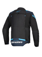 Alpinestars T-Stunt Air Jacket, giacca da moto, nero, blu scuro e azzurro, vista posteriore che mostra l'ampio pannello posteriore modulare con cerniere, marchio Alpinestars e scritta 'Racing Ahead' sulla parte inferiore della schiena