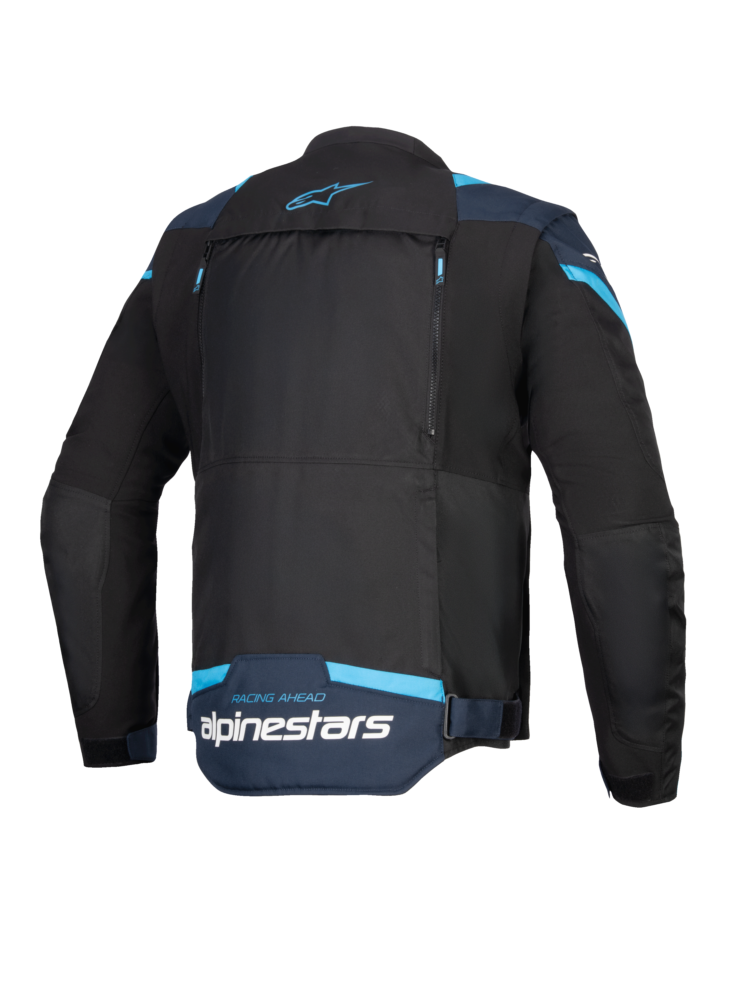 Alpinestars T-Stunt Air Jacket, giacca da moto, nero, blu scuro e azzurro, vista posteriore che mostra l'ampio pannello posteriore modulare con cerniere, marchio Alpinestars e scritta 'Racing Ahead' sulla parte inferiore della schiena