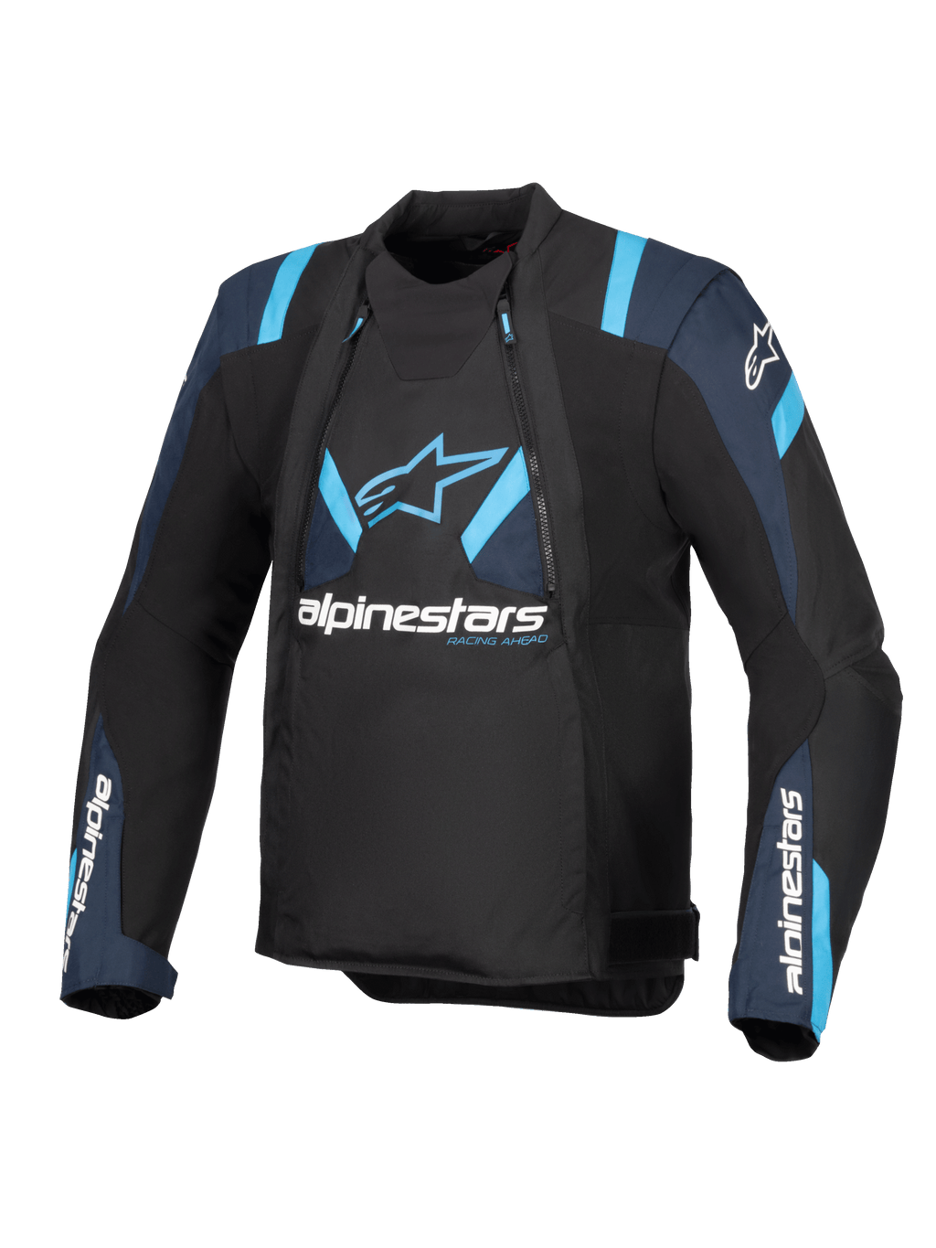 Giacca Alpinestars T-Stunt Air, nero con dettagli blu scuro e blu acceso, giacca da moto in tessuto con pannelli in rete modulari, branding Alpinestars sul petto e sulle maniche, design dal taglio sportivo ed elegante