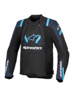 Giacca Alpinestars T-Stunt Air, nero con dettagli blu scuro e blu acceso, giacca da moto in tessuto con pannelli in rete modulari, branding Alpinestars sul petto e sulle maniche, design dal taglio sportivo ed elegante