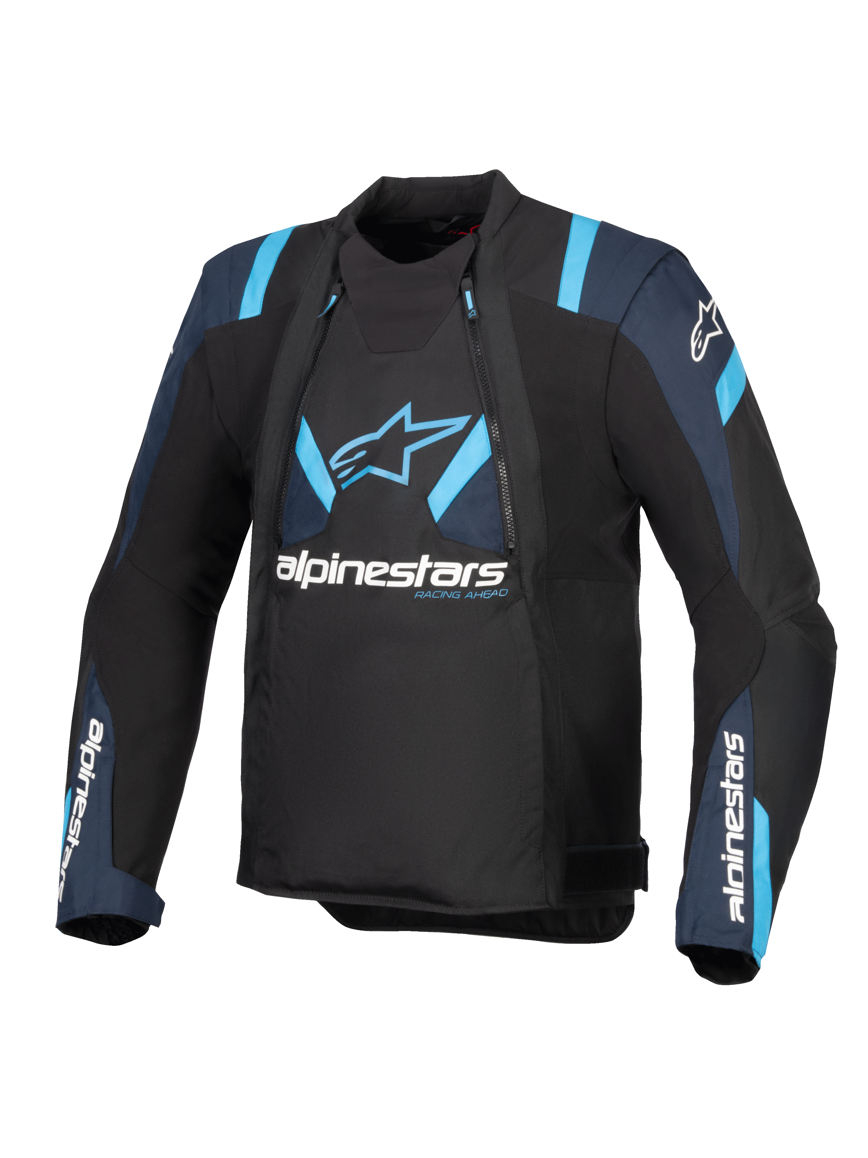 Giacca Alpinestars T-Stunt Air, nero con dettagli blu scuro e blu acceso, giacca da moto in tessuto con pannelli in rete modulari, branding Alpinestars sul petto e sulle maniche, design dal taglio sportivo ed elegante