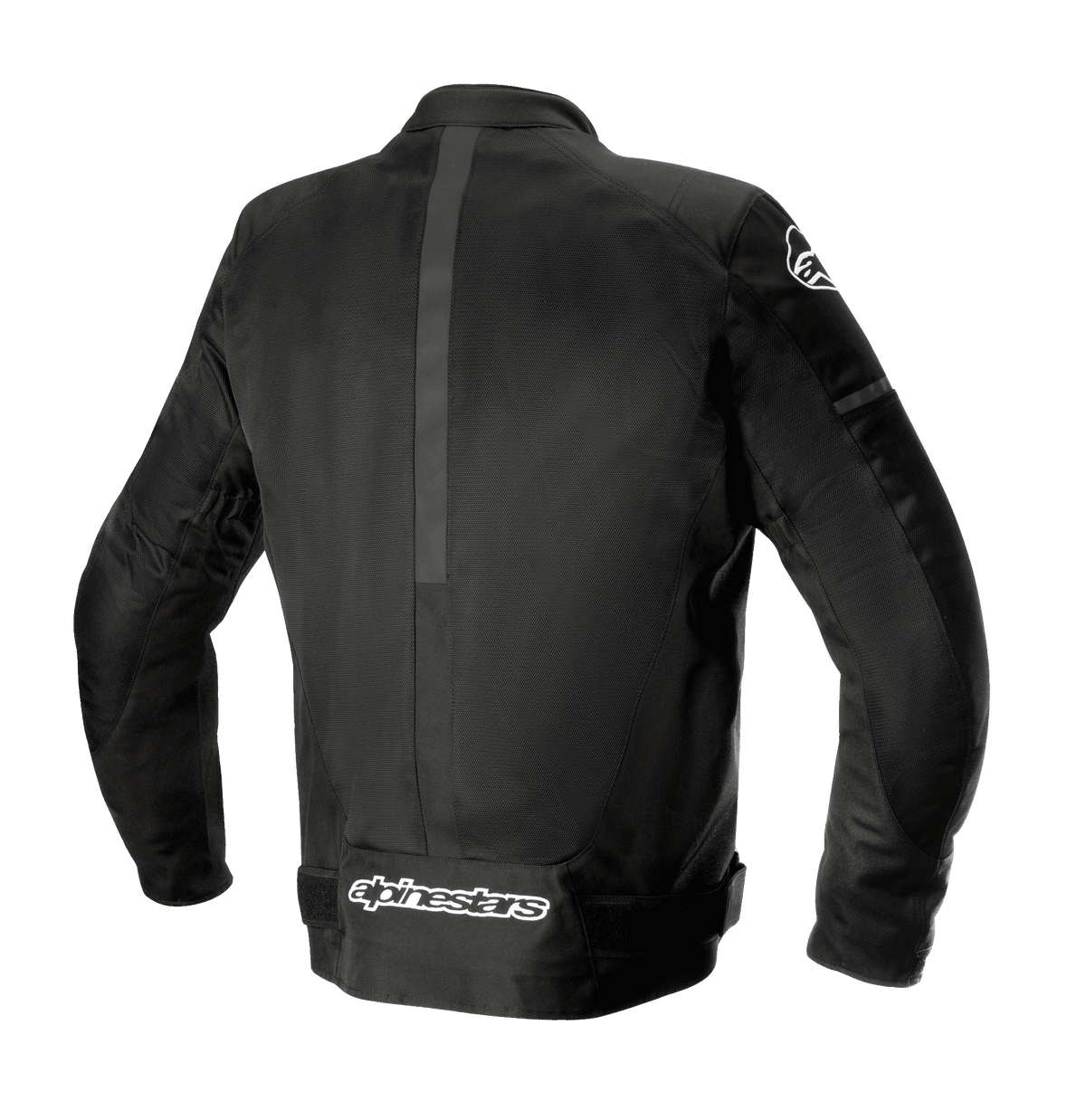 Giacca Alpinestars T-SP X Superair, nero, vista posteriore con costruzione in tessuto e mesh, ampi pannelli in mesh per la ventilazione e logo Alpinestars bianco sulla parte bassa della schiena, giacca da moto sportiva